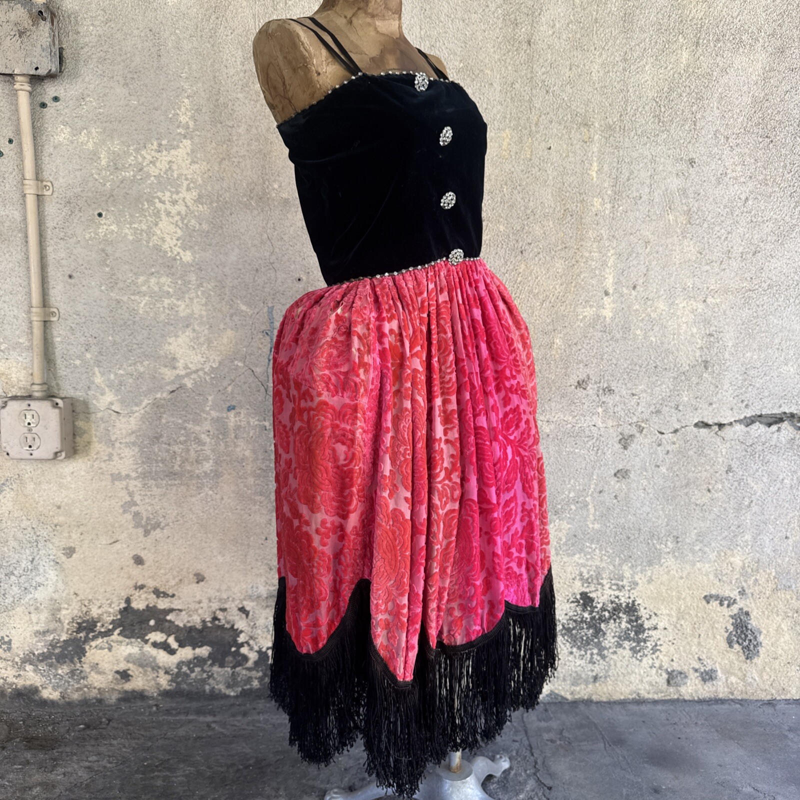 Antique 1920s Robe De Style Stage Dress Pink Devore Velvet Fringe Rhinestone VTG