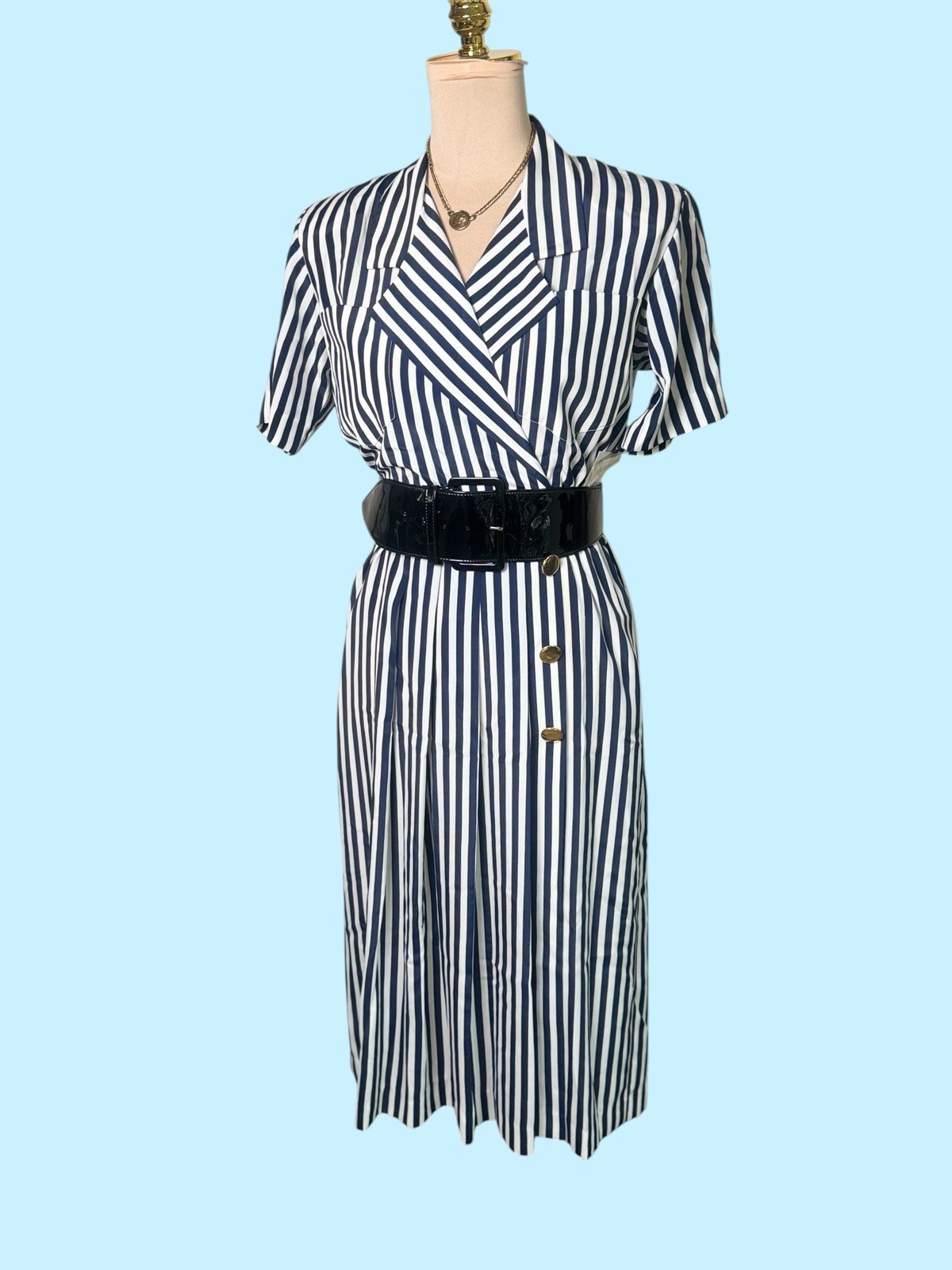Vintage 80s | Leslie Faye Black White Nautical Striped Dress | Yacht Rock NWT
