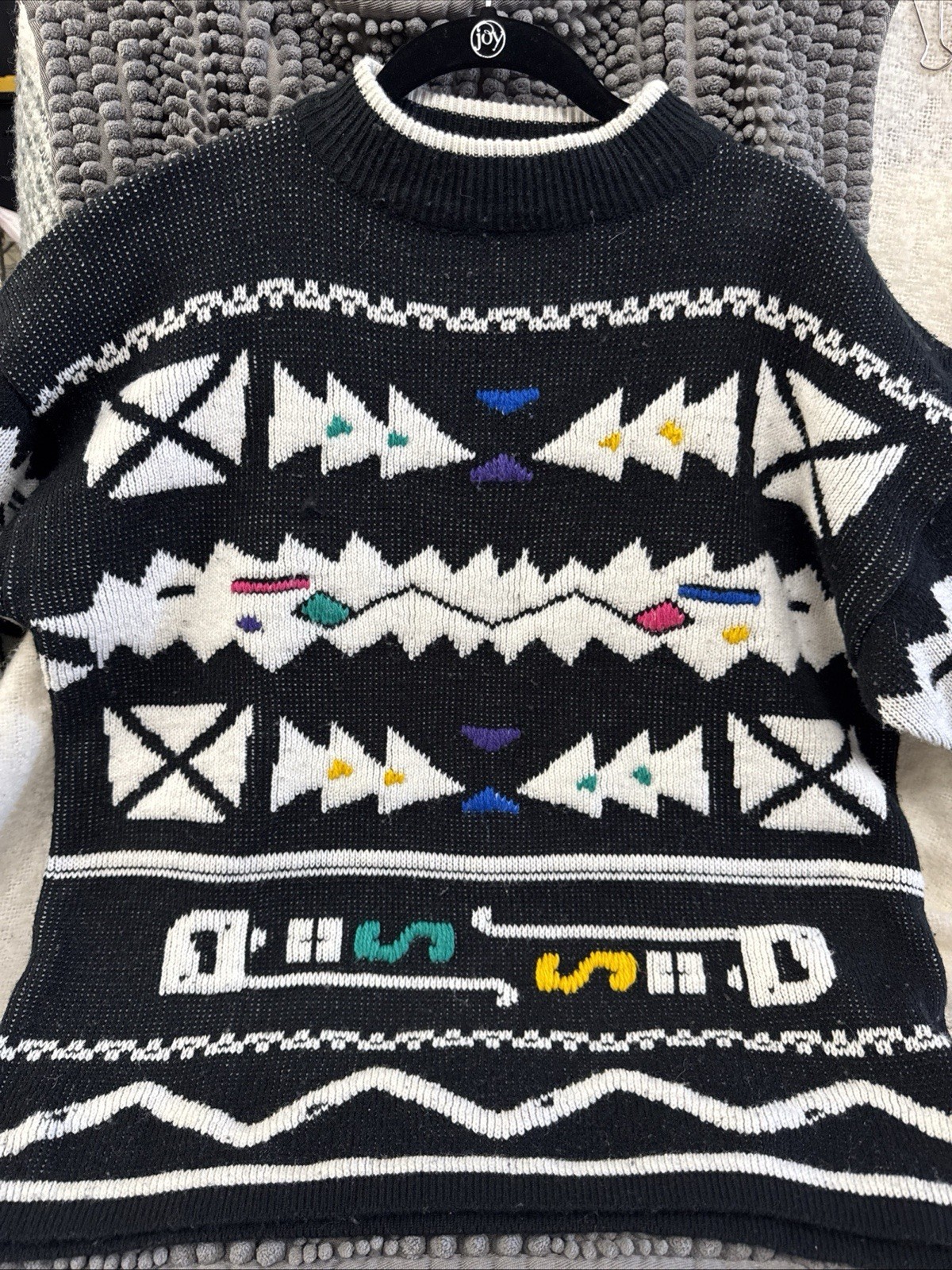 Vintage – 80s Bramble Lane – Graphic Sweater – Black/ White Mock Neck – Medium