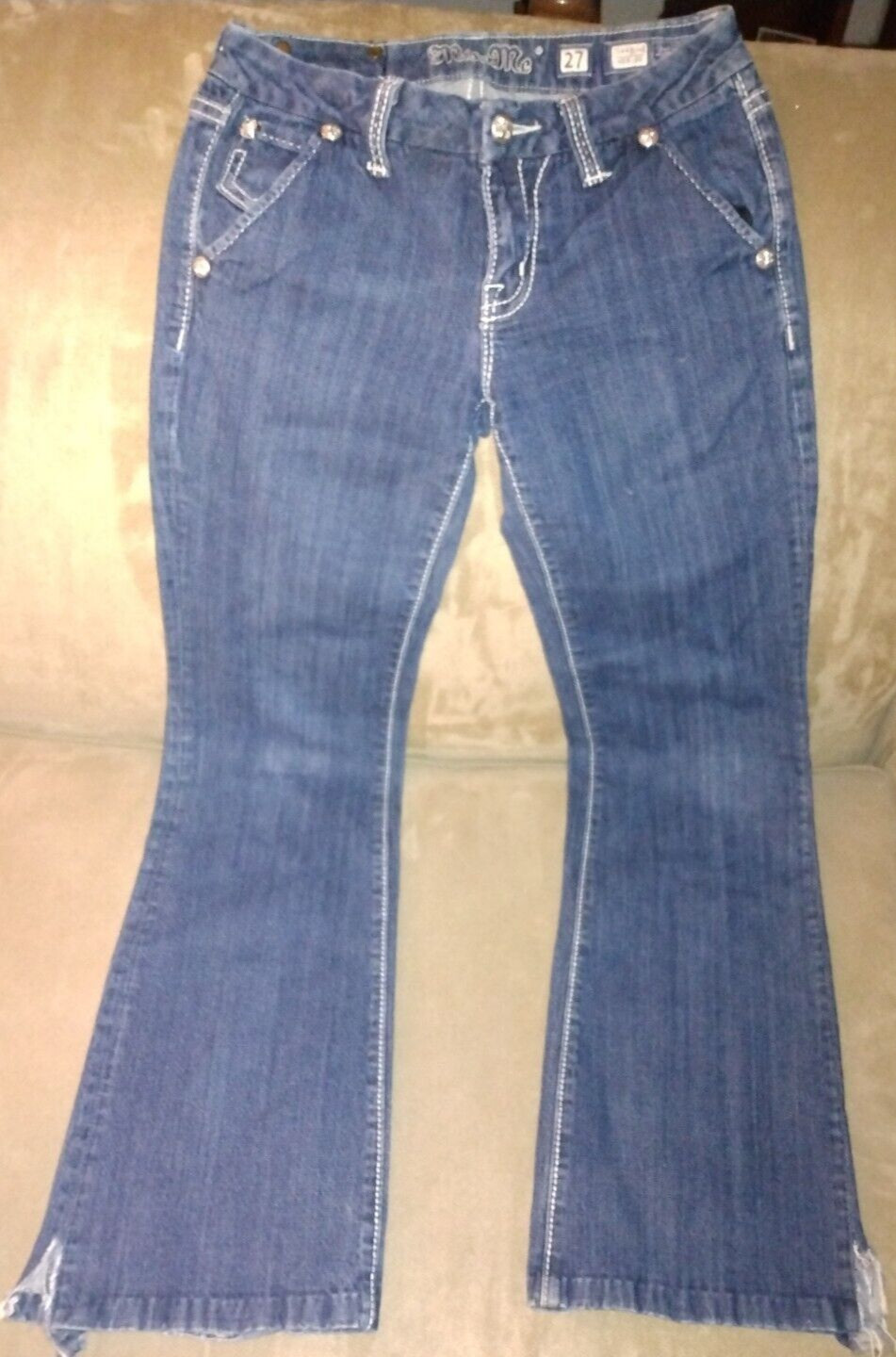 MISS Me 27 STUDDED RHINESTONE DENIM BLUE JEANS BOOT CUT? 29″ W MID RISE jr sz 11