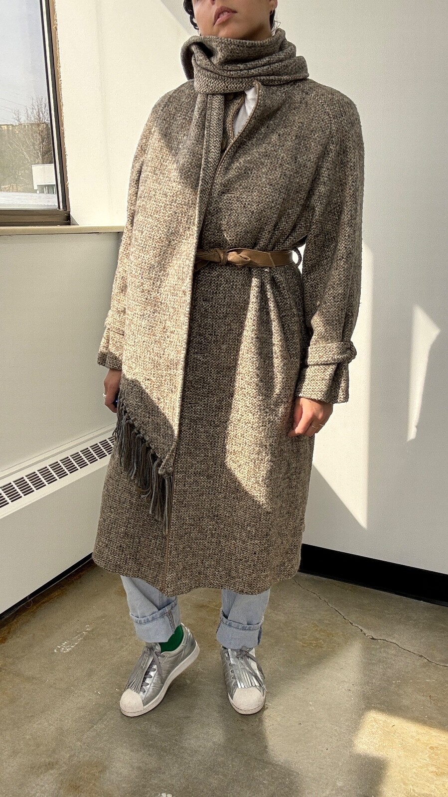 VTG 70s/80s Wool Blend Tweed Full Length Coat with Matching Scarf Set: Size M