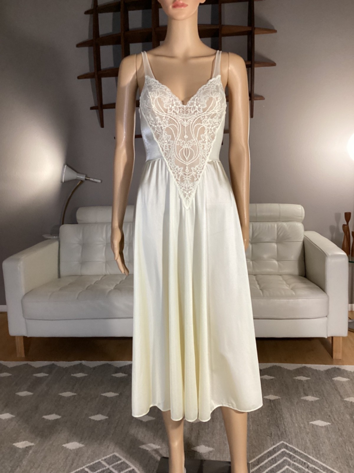 Vintage OLGA Silky Nylon Ivory Lace Nightgown Maxi Gown Slip Dress Small