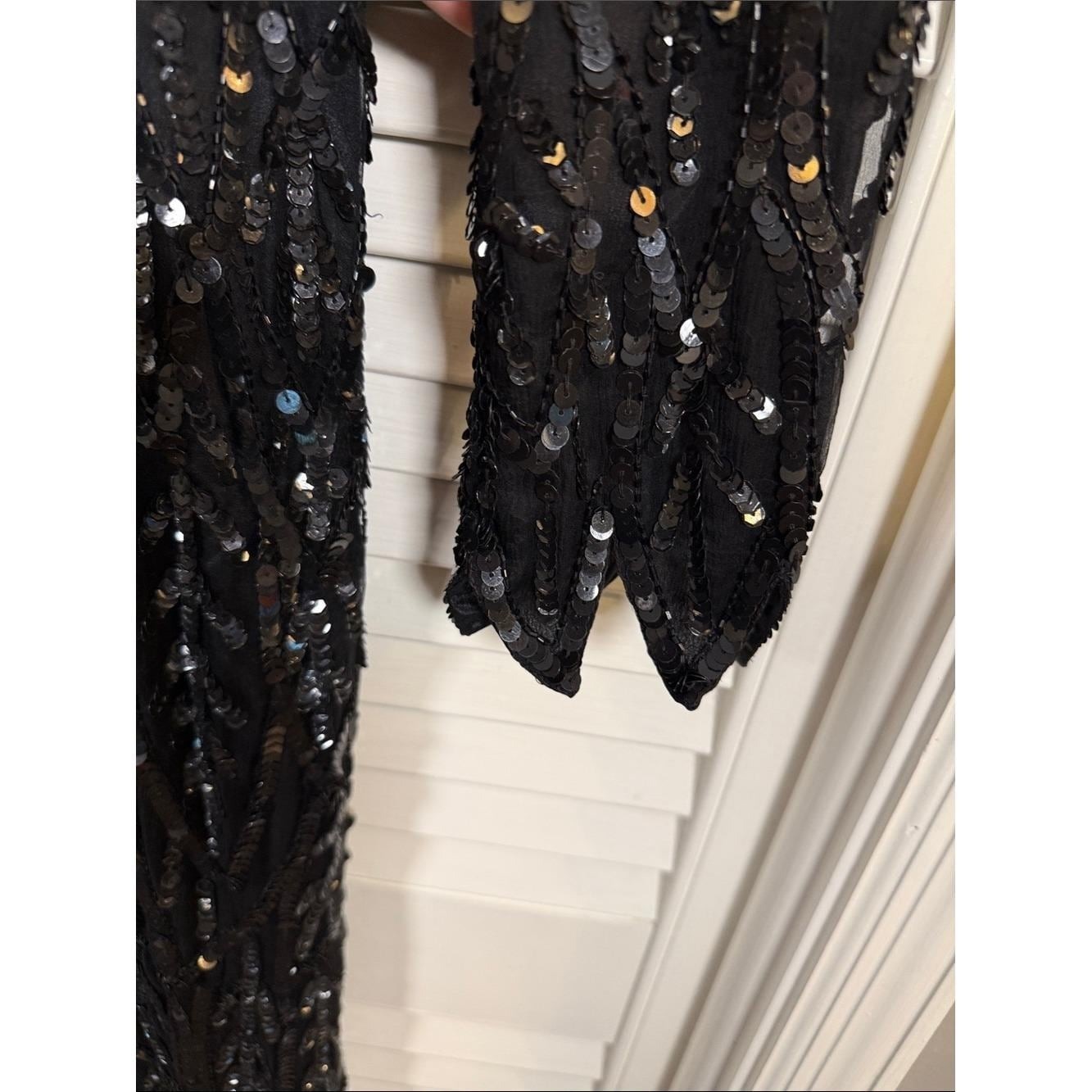 VTG 100% Natural Silk Sequin Maxi Gown Flawless Black American Night Medium