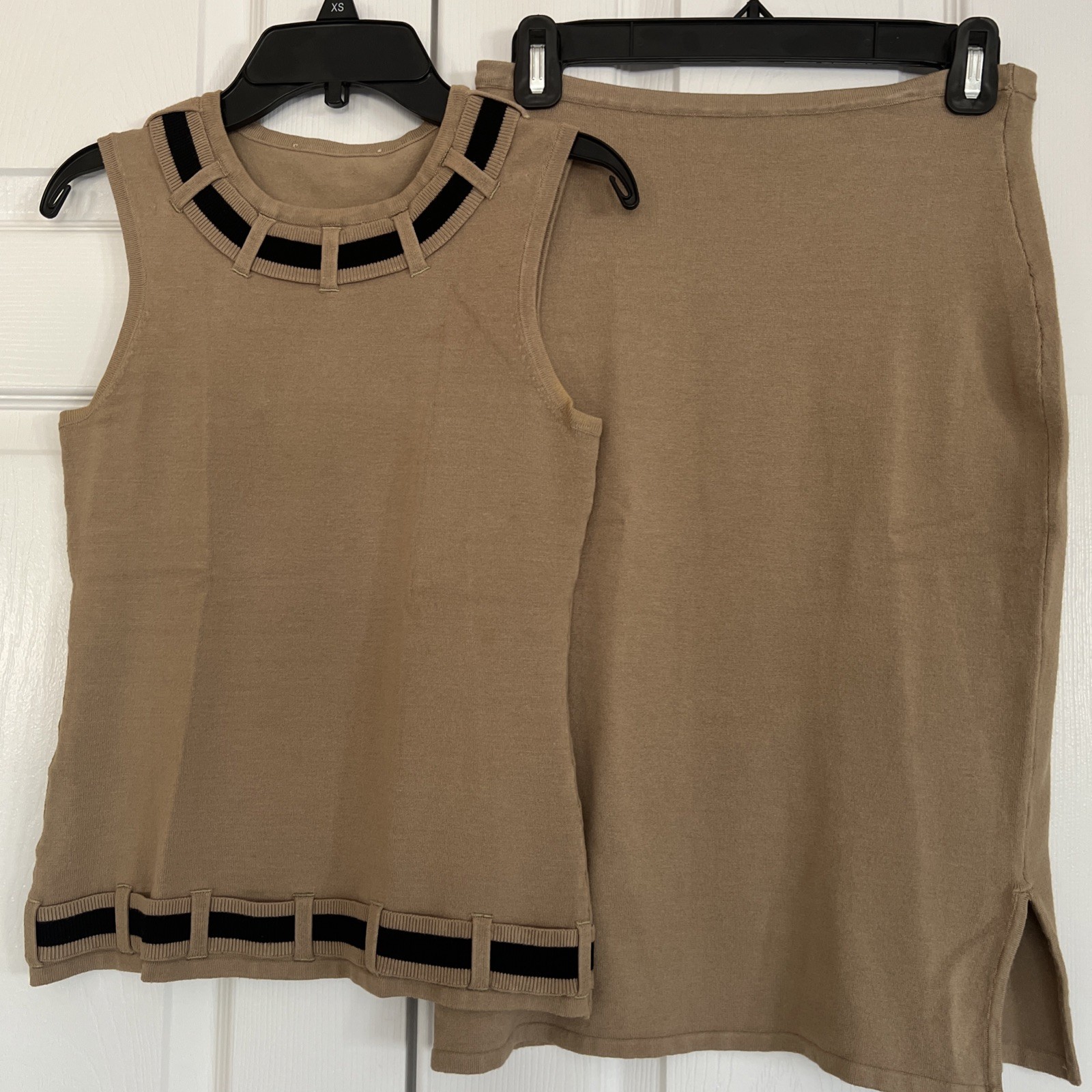 Vintage Etincelle Couture Tan Sleeveless Top & Midi Skirt Set W/Black Accent XS