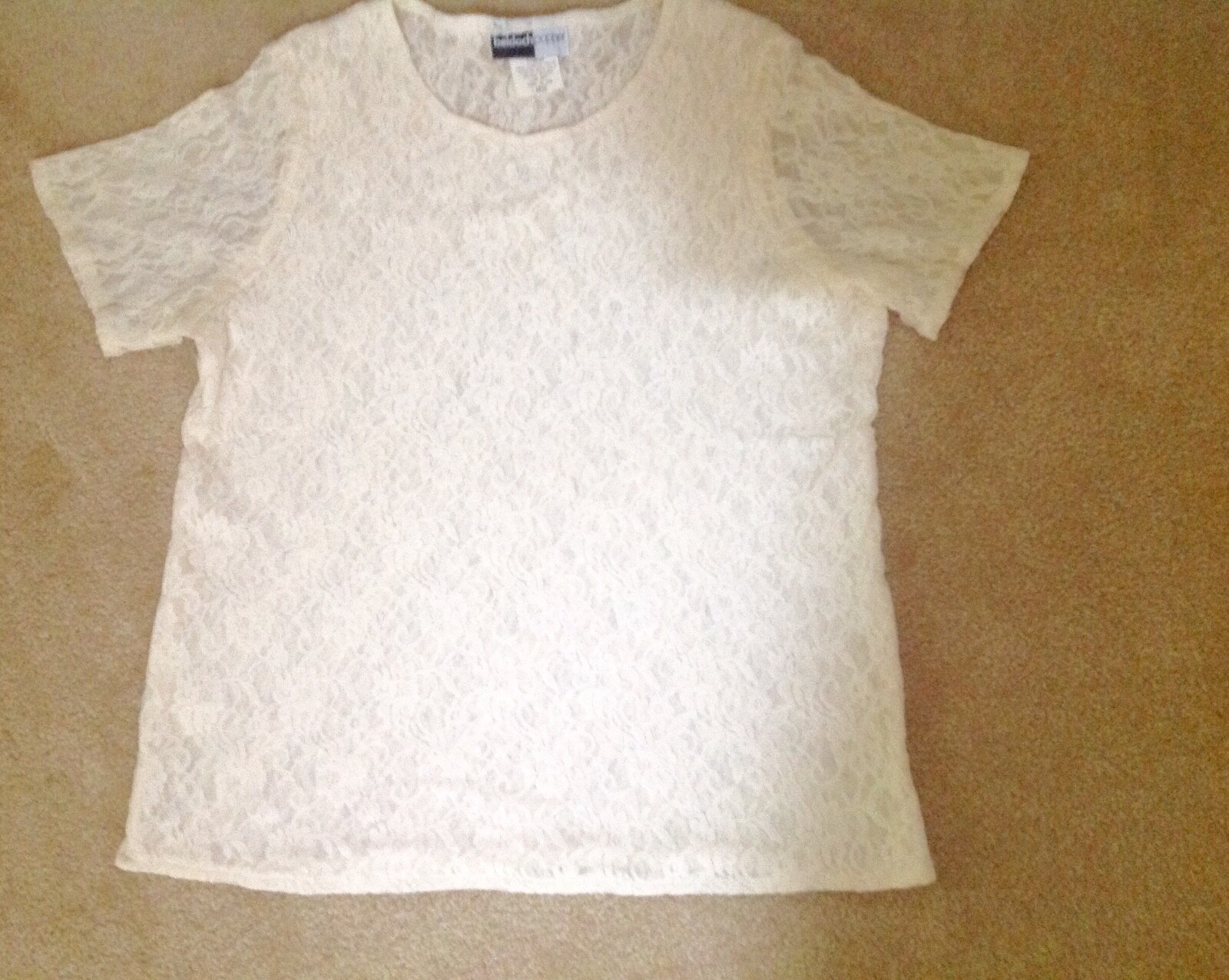 VINTAGE BELDOCH POPPER SHORT SLEEVE SIZE LARGE BEIGE STRETCH NYLON LACE TOP