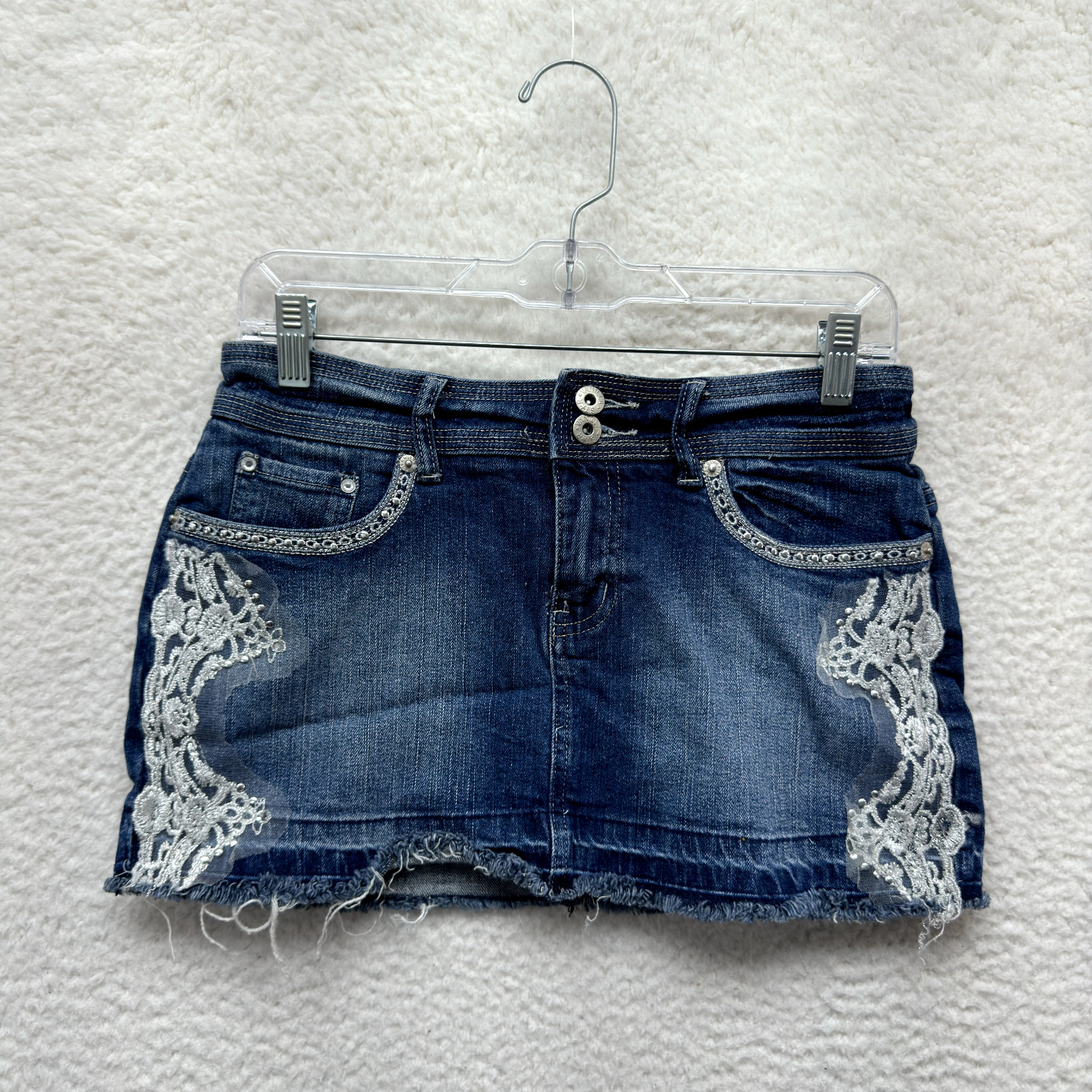 Y2K Vintage Denim Mini Skirt M Medium 6 27 Low Rise Studded Bling Lace McBling