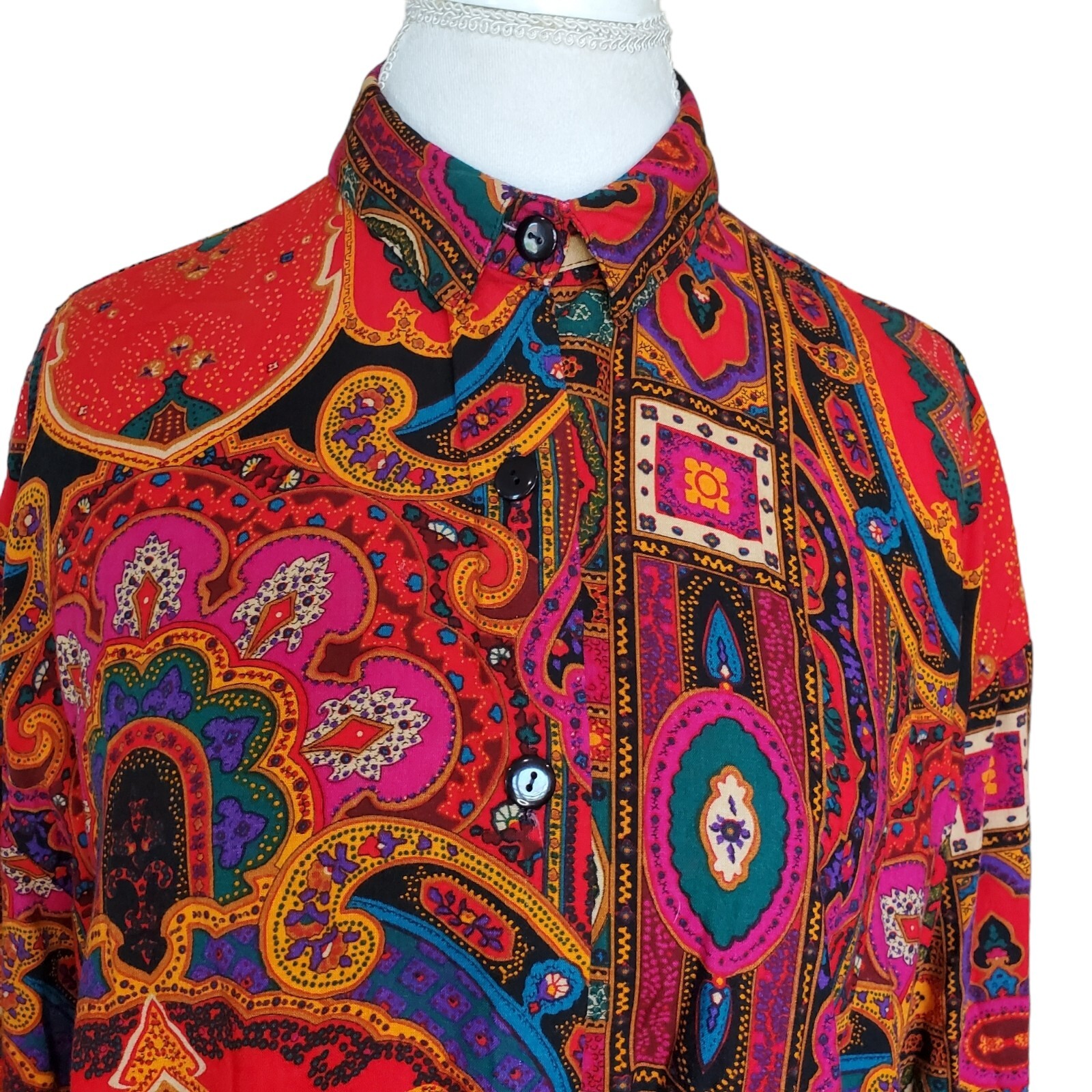 Vtg 80s 90s Colorful Abstract Paisley Blouse M/L Rayon Boho Button Up Red