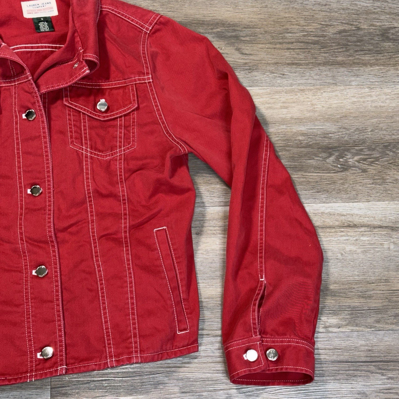 VTG Lauren Ralph Lauren Jeans Company Red Denim Jacket Womens S White Stitching