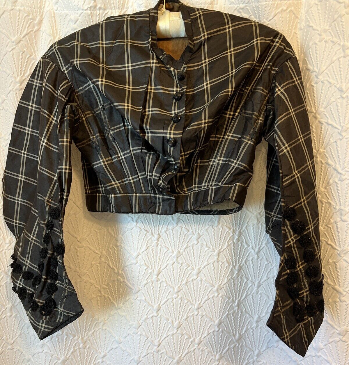 Antique 19thC Victorian Black Plaid Silk Ladies Bodice Jacket