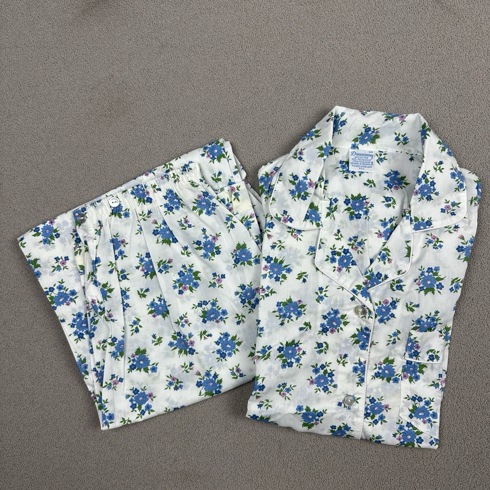 Vtg Dreamaway Pajama PJ Set Top & Pants Blue White Flowers Sanforized Sz 34