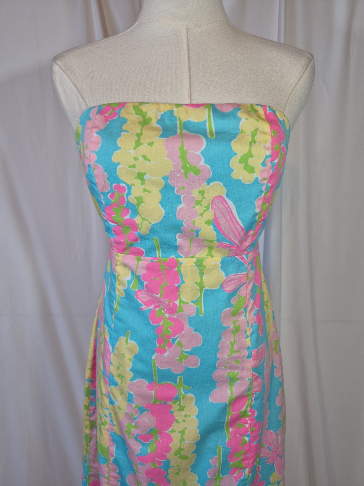 Vintage Lilly Pulitzer Snappy Dragonfly Strapless Dress Blue Pink US 2
