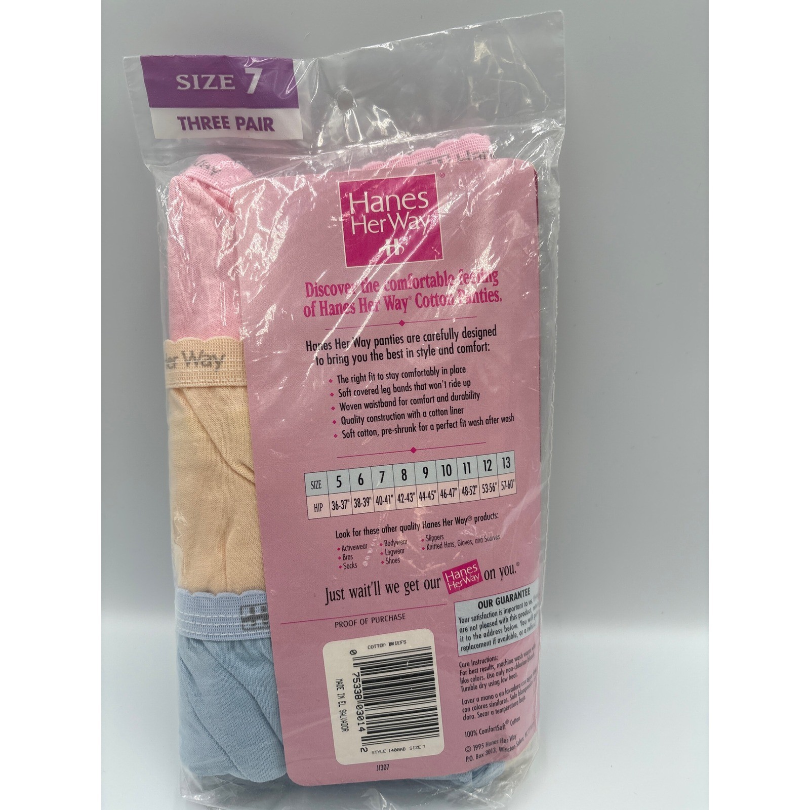 Vintage 1995 Hanes Her Way Cotton Briefs 3 Pack Size 7 Pink Peach Blue NOS 90s