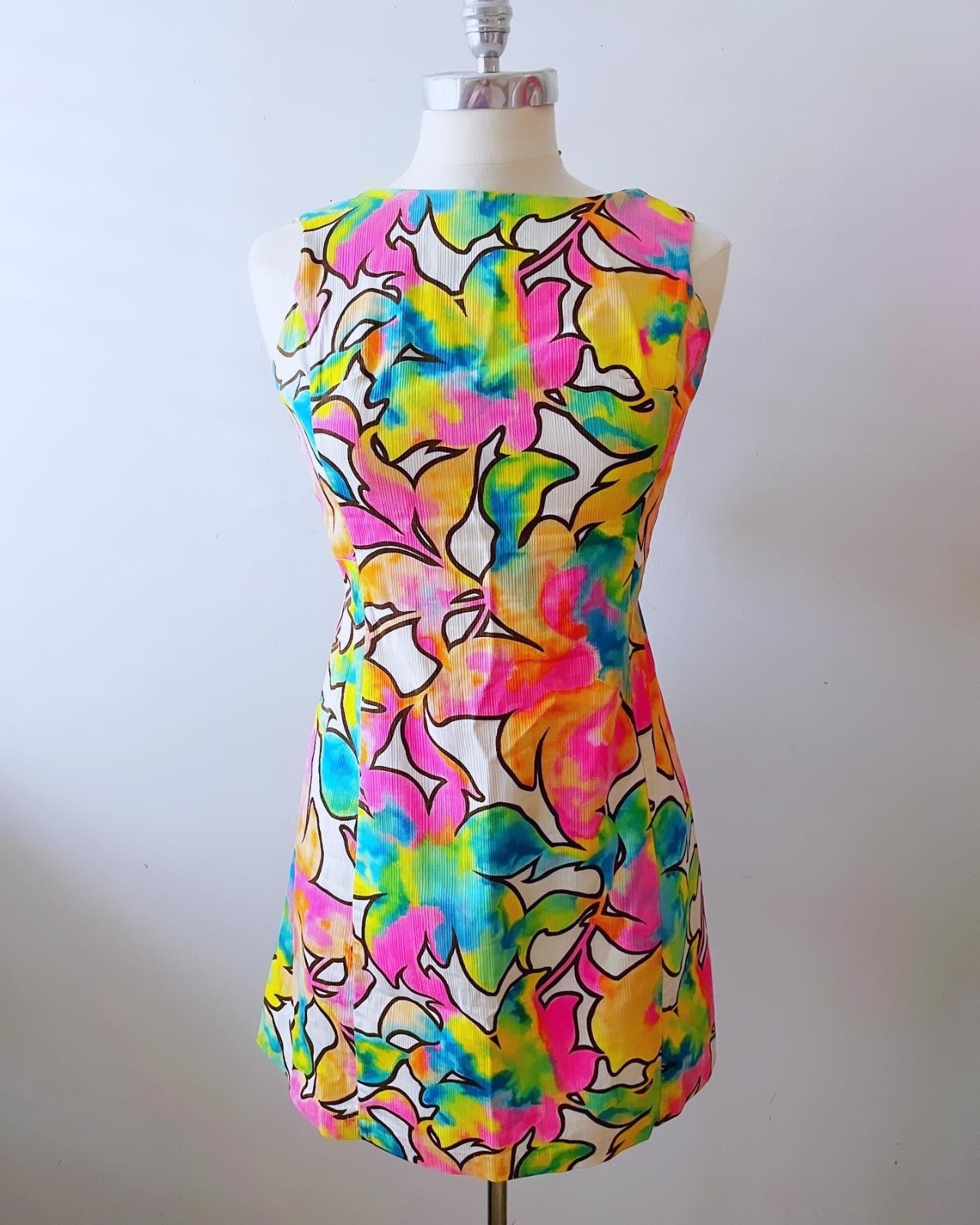 Vintage 60s 70s Rainbow Tie Dye Mod Mini Dress Cutout Details Small