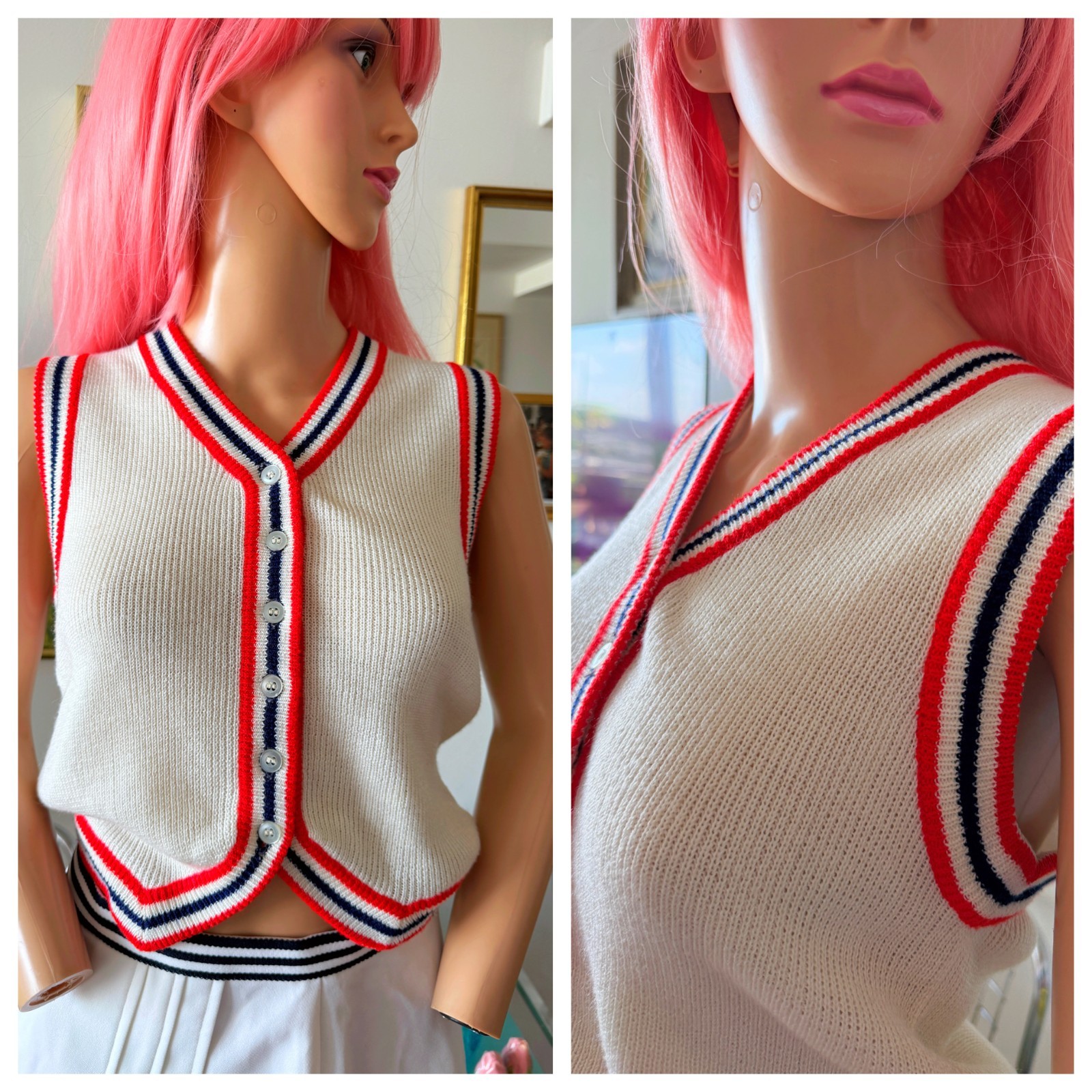 🎾 Vtg Preppy Tennis Sweater Vest Red White Blue Trim Button Front Knit Top M
