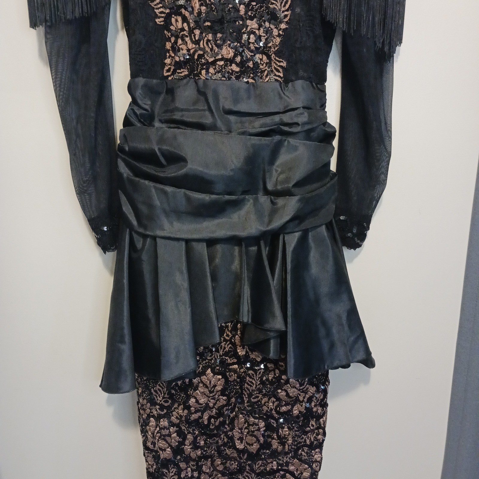 Vintage Janine 80s Goth Party Dress Black Bronze Metallic Lace Fringe Sequin S