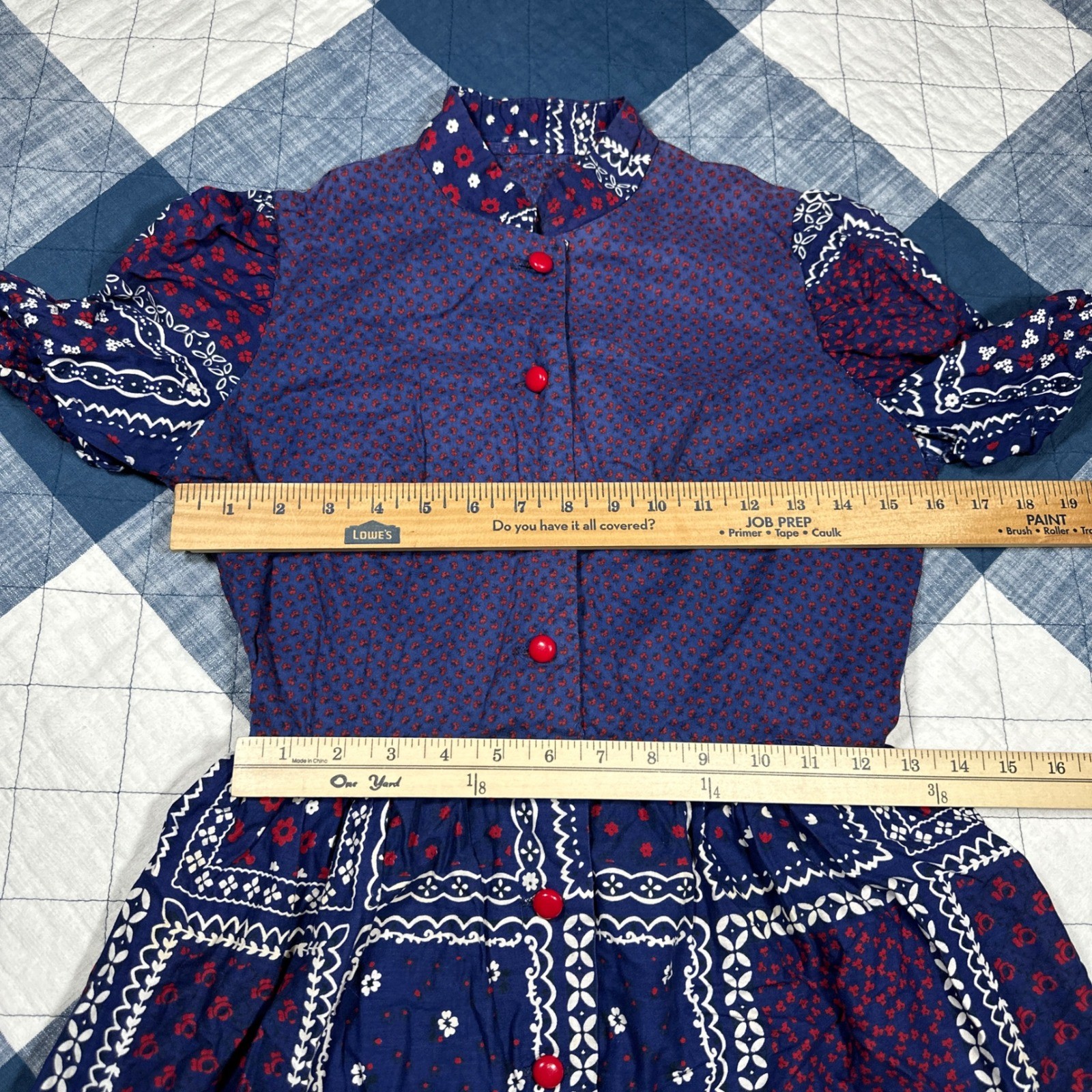 Vintage 70s Patchwork Bandana Prairie Dress Navy Red Button Down Modest Juniors