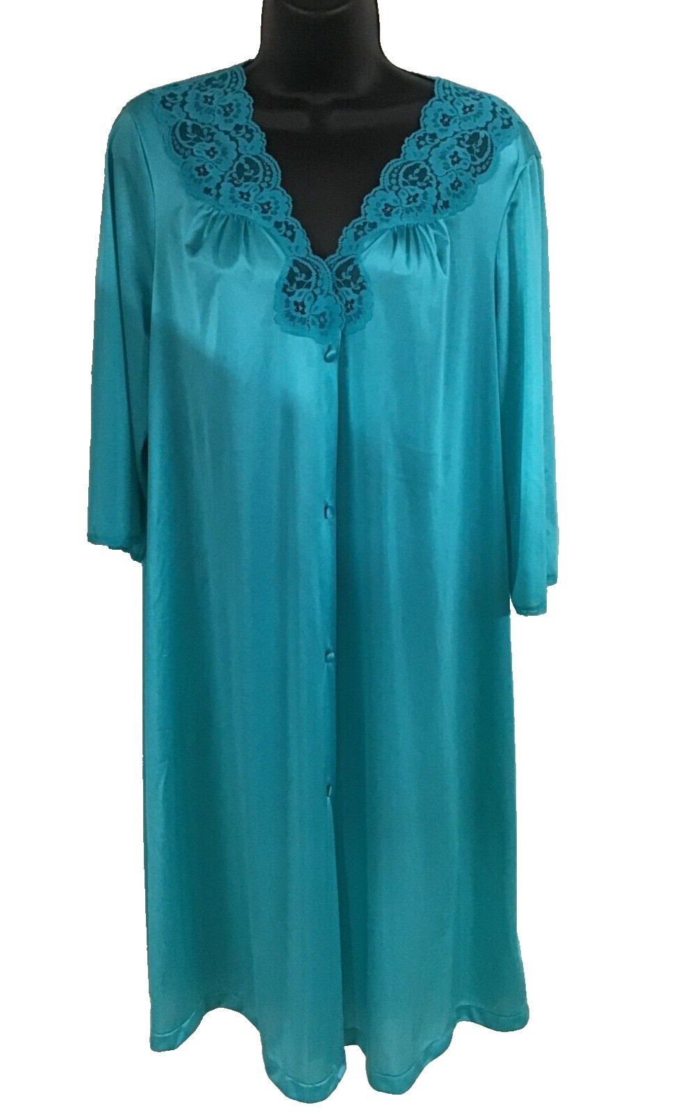 Vanity Fair Medium Vintage Teal Robe Covered Buttons Lace Trim