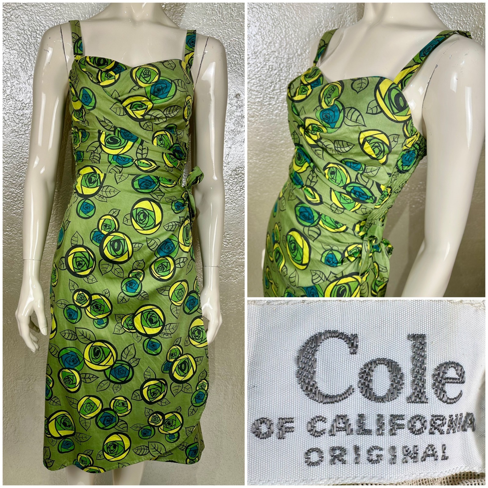 Vintage 1950s Ladies COLE OF CALIFORNIA Green Floral Cotton Wrap Dress Playsuit
