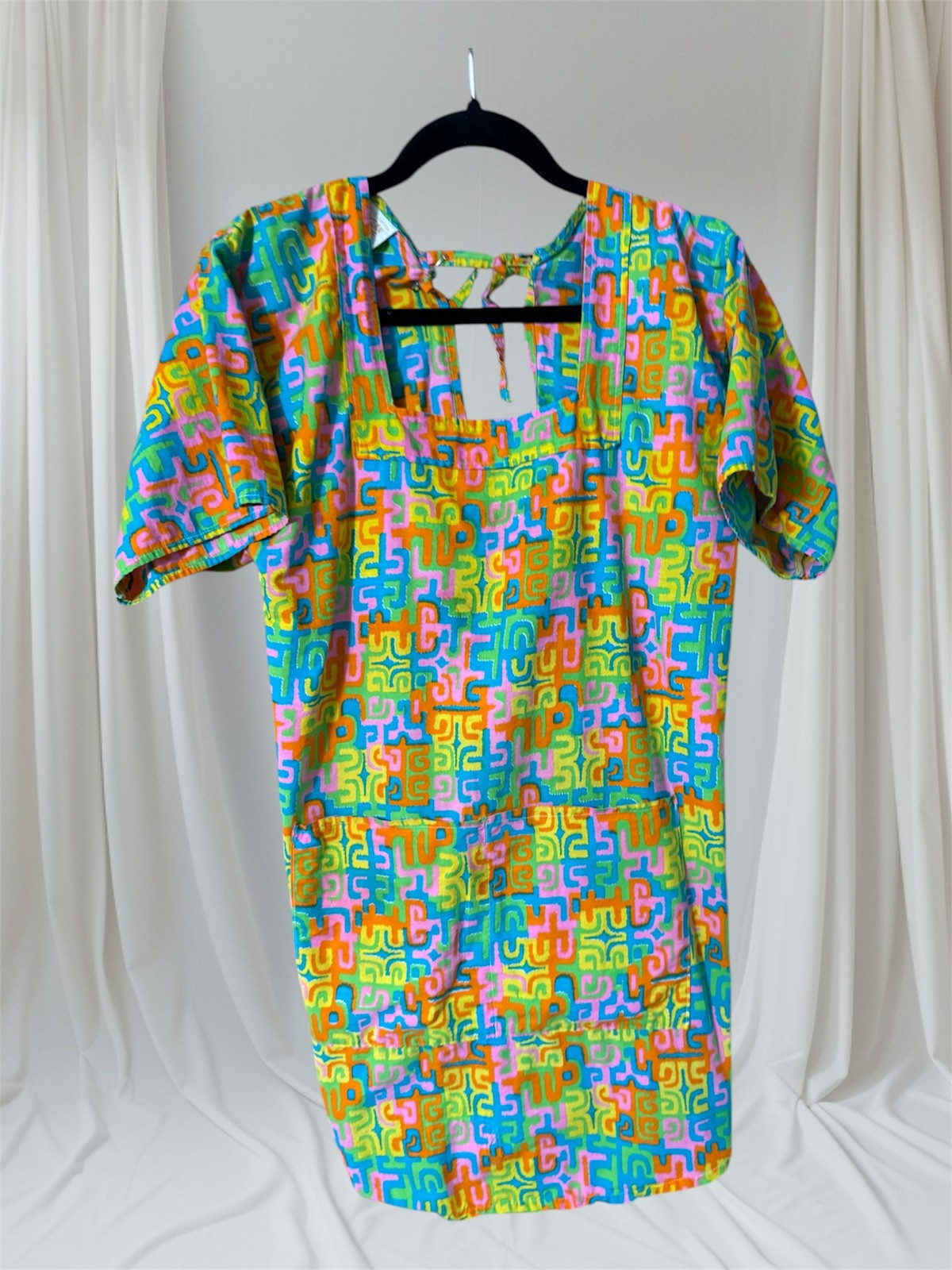 VTG Print 60s 70s Smock TIE BACK TOP APRON POCKETS LAGUNA BEACH WOMENS SMALL
