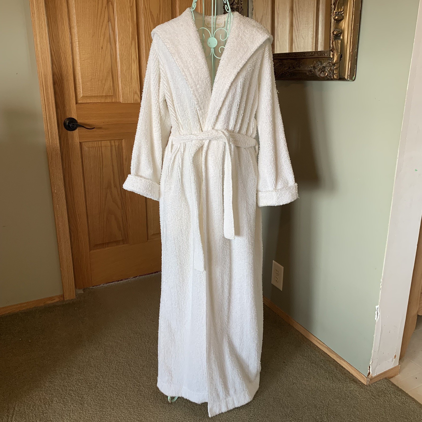 Women’s Vintage Herbcraft White Terry Cotton Housecoat Dressing Hooded Robe Sz S