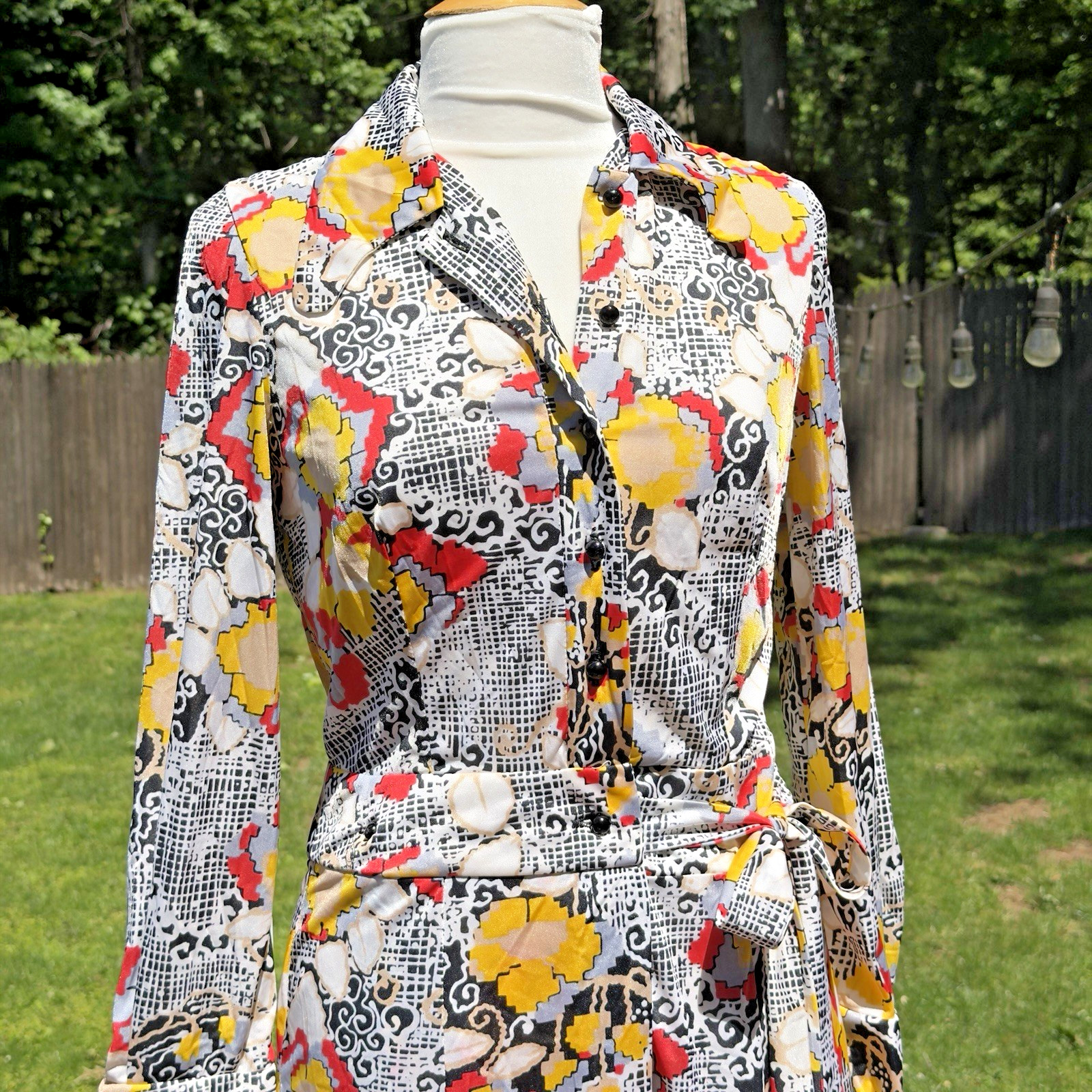VTG 70s Plymouth New York Wrap Dress Geometric Print Belted Disco Midi Small