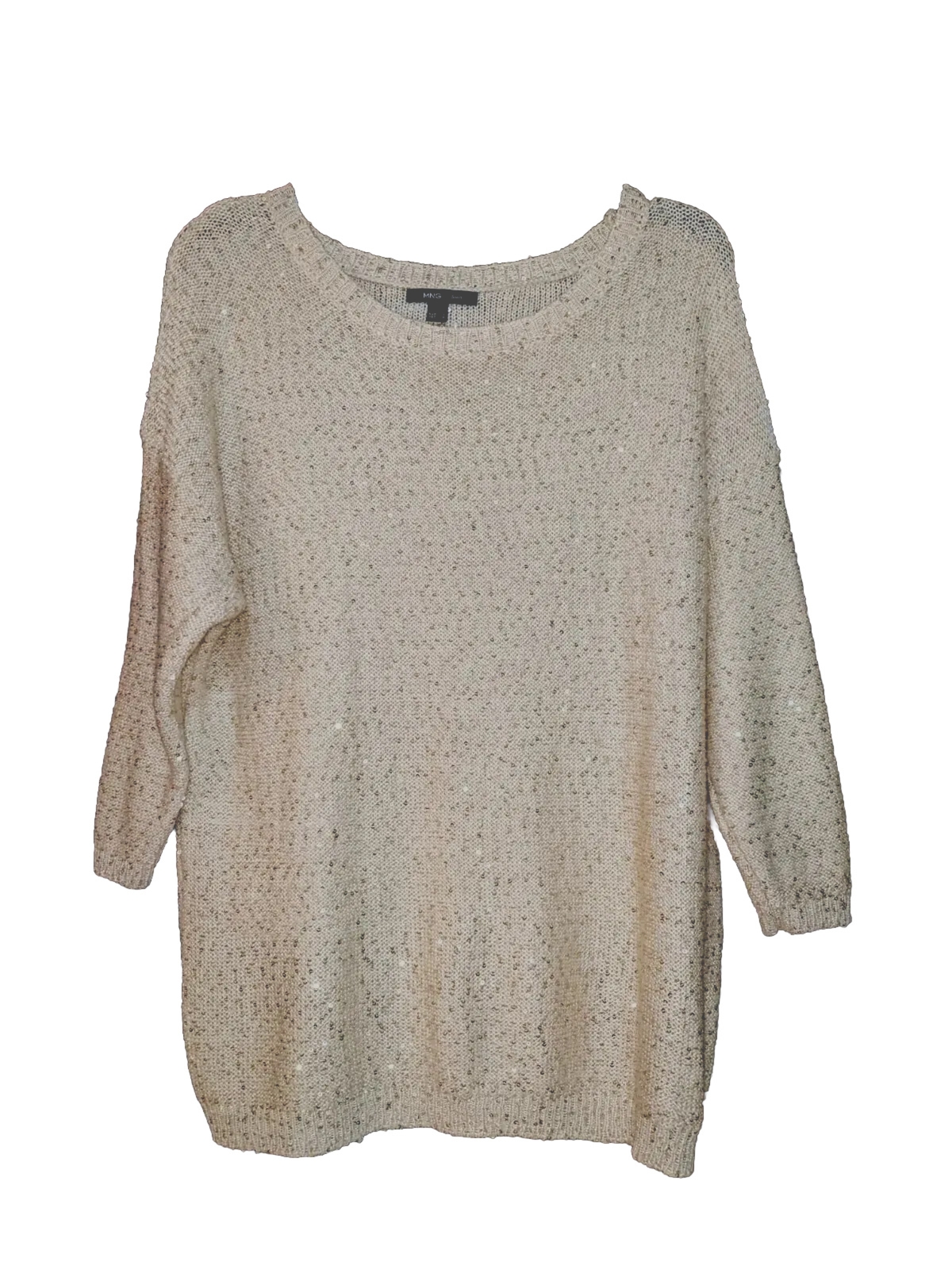 Women’s MANGO Ivory Gold Sequin Oversized Oversized Sweater 3/4 Sleeve