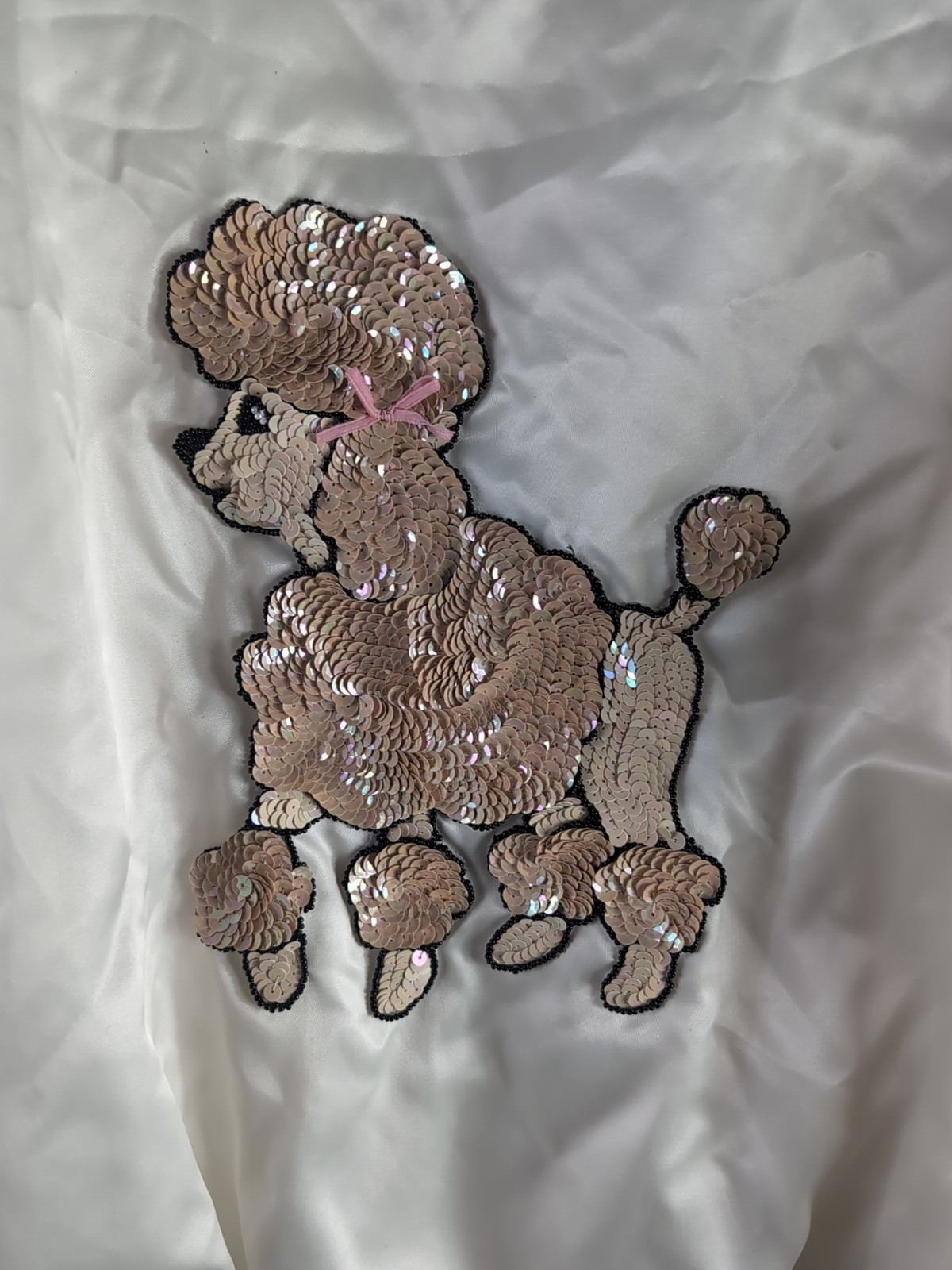 VTG Sequin Poodle Dance Tango Satin Bomber Jacket L, White, Embroidered, Mint!