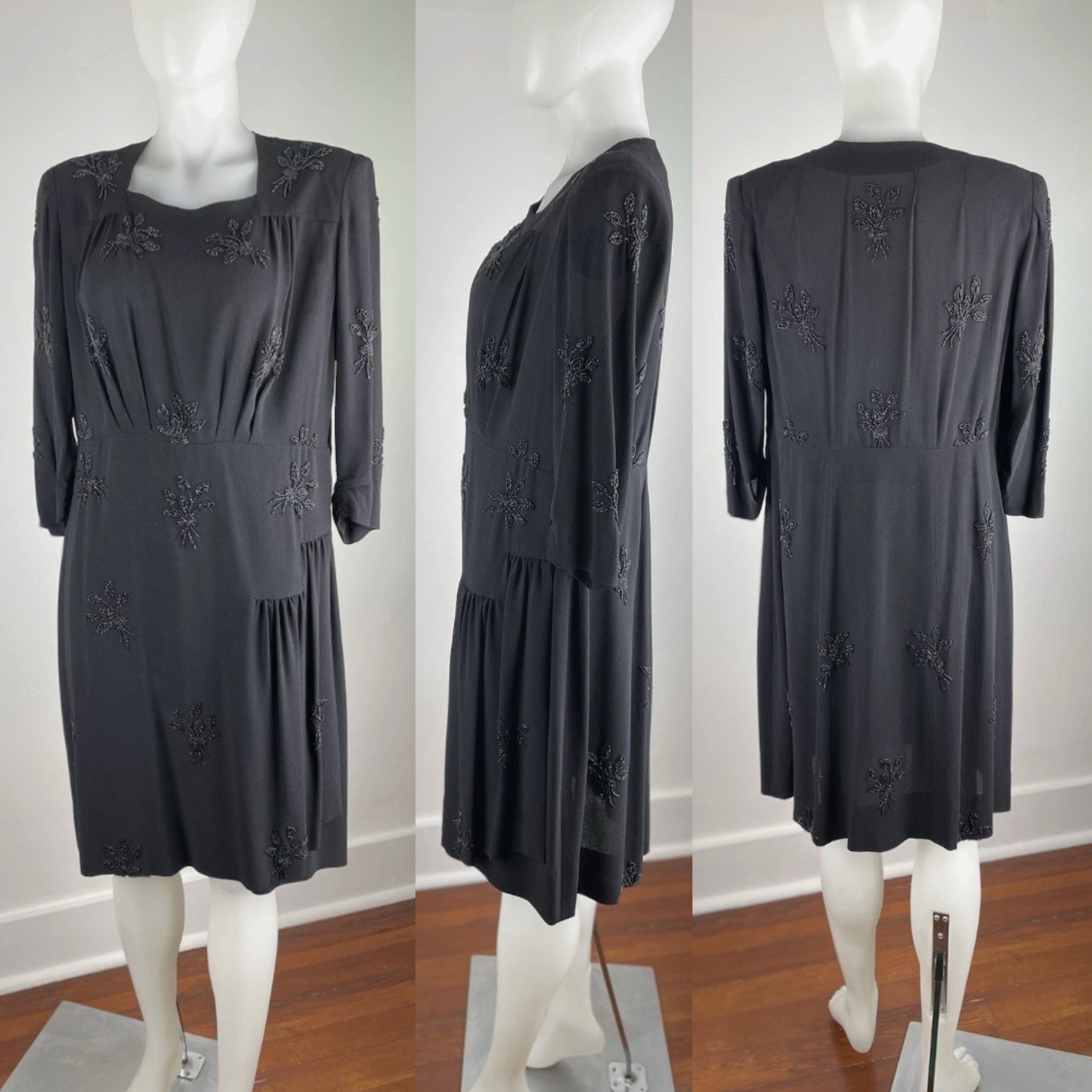 Vintage 40s Black Beaded Rayon Dress Beaded Formal Elegant READ