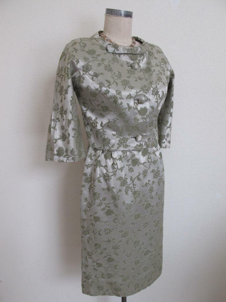 Vintage 50’s 2 Pc Wiggle Dress Jacket XS S 34 Bust Leslie Fay Sage Green Brocade