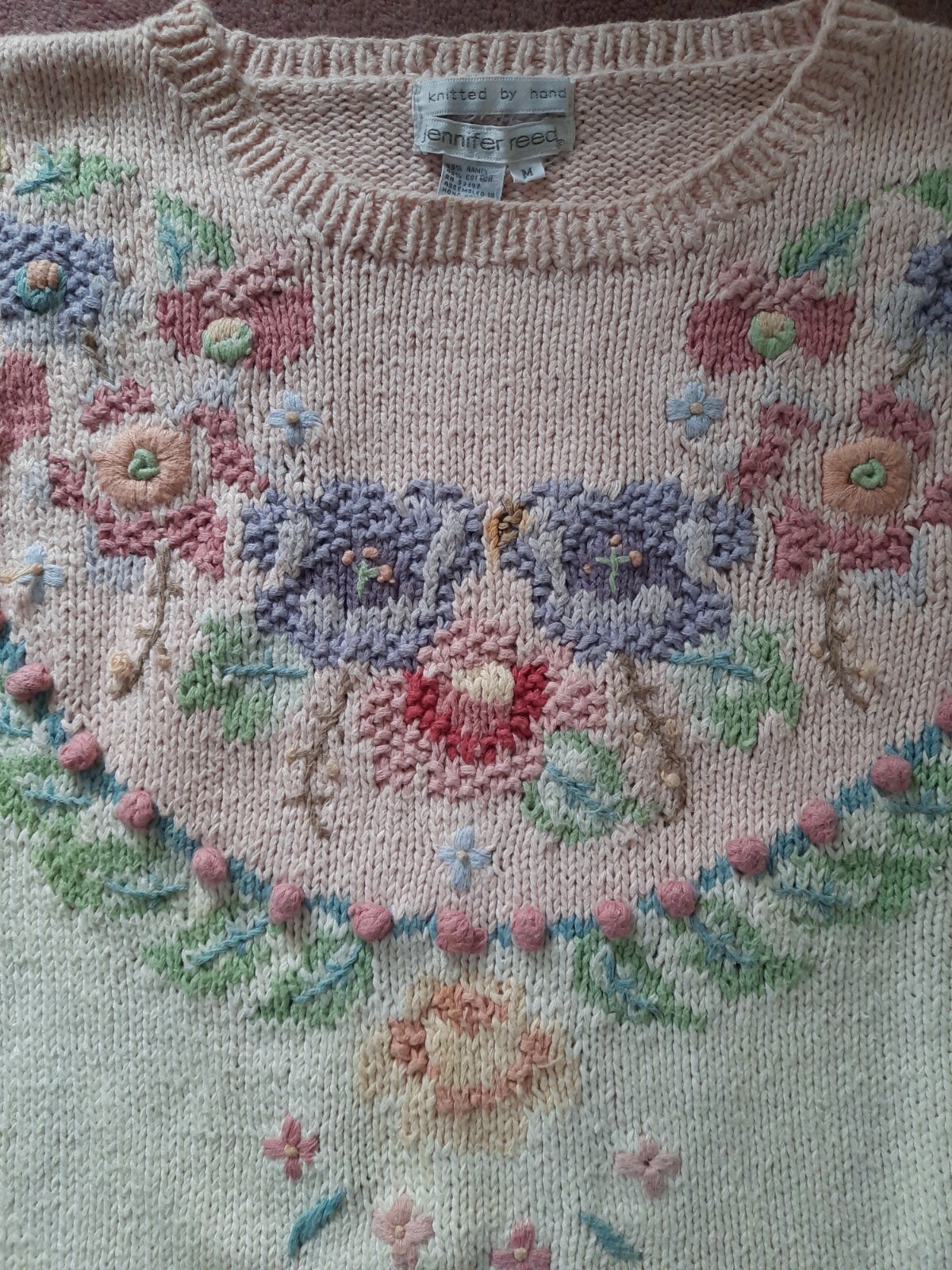 Jennifer Reed HAND KNIT 90’S Cream SWEATER W/ Flowers VINTAGE Cottagecore Size M