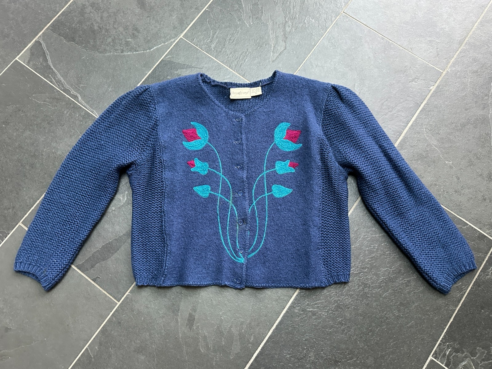 Vintage 1980s Navy Blue Wool Embroidered Flower Cardigan Sweater The Eagle’s Eye