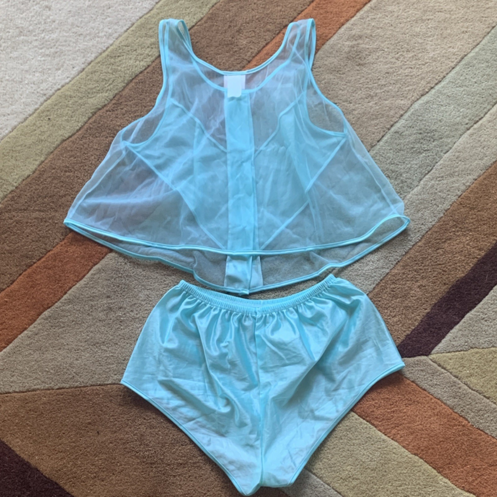 Vintage Corinna Fashions 2-Piece Blue Nylon Lingerie pajama Set, Size S