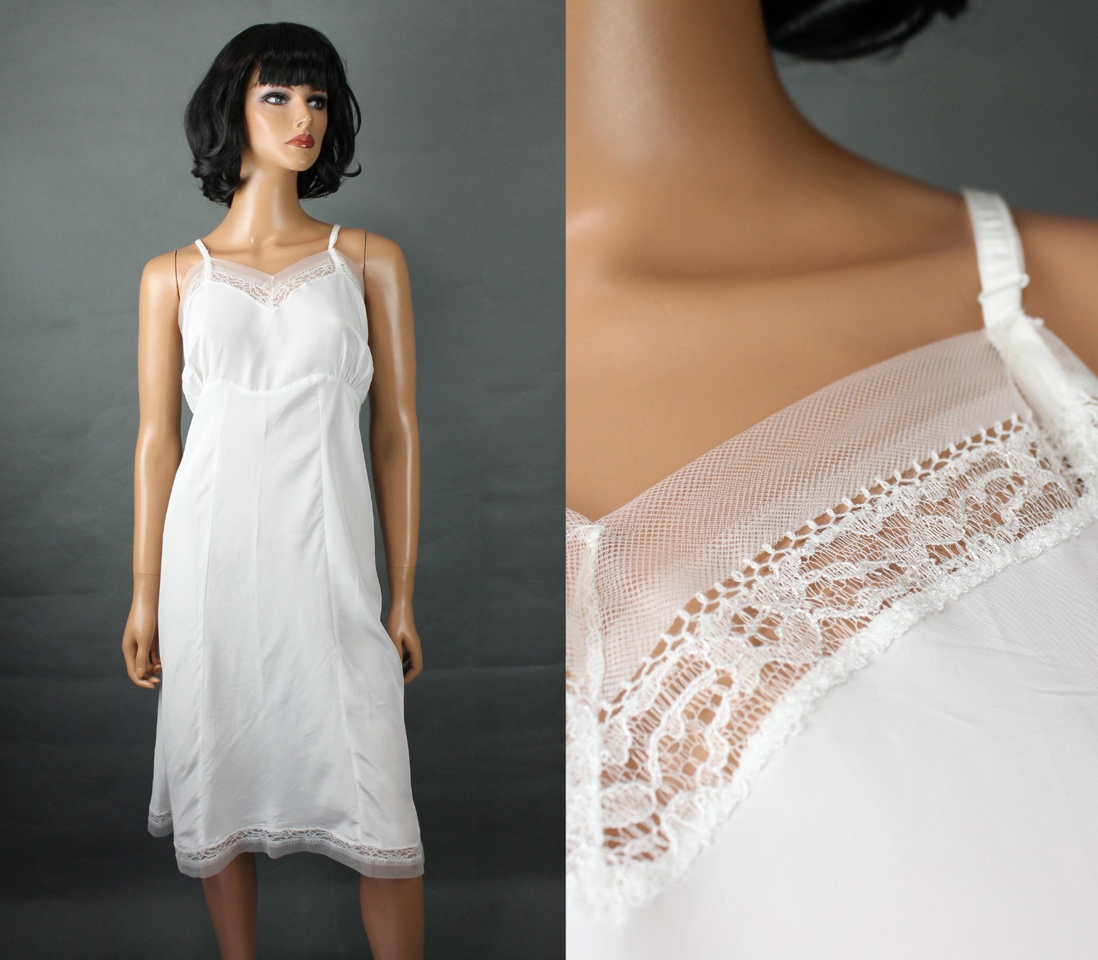 50s Sliperfection Full Slip Sz 42 White Non Stretch Dress Slip Chiffon Lace Trim