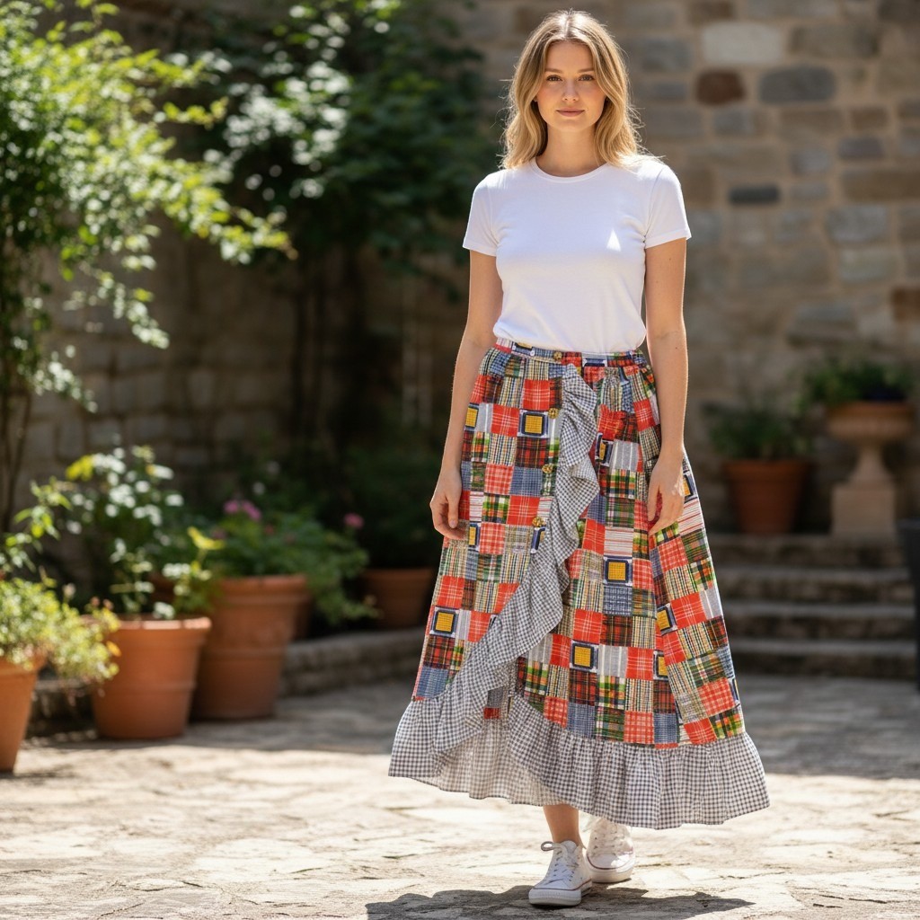 Vintage 70’s Patchwork Plaid Ruffle Midi Skirt Boho Romantic Folk, High Waist