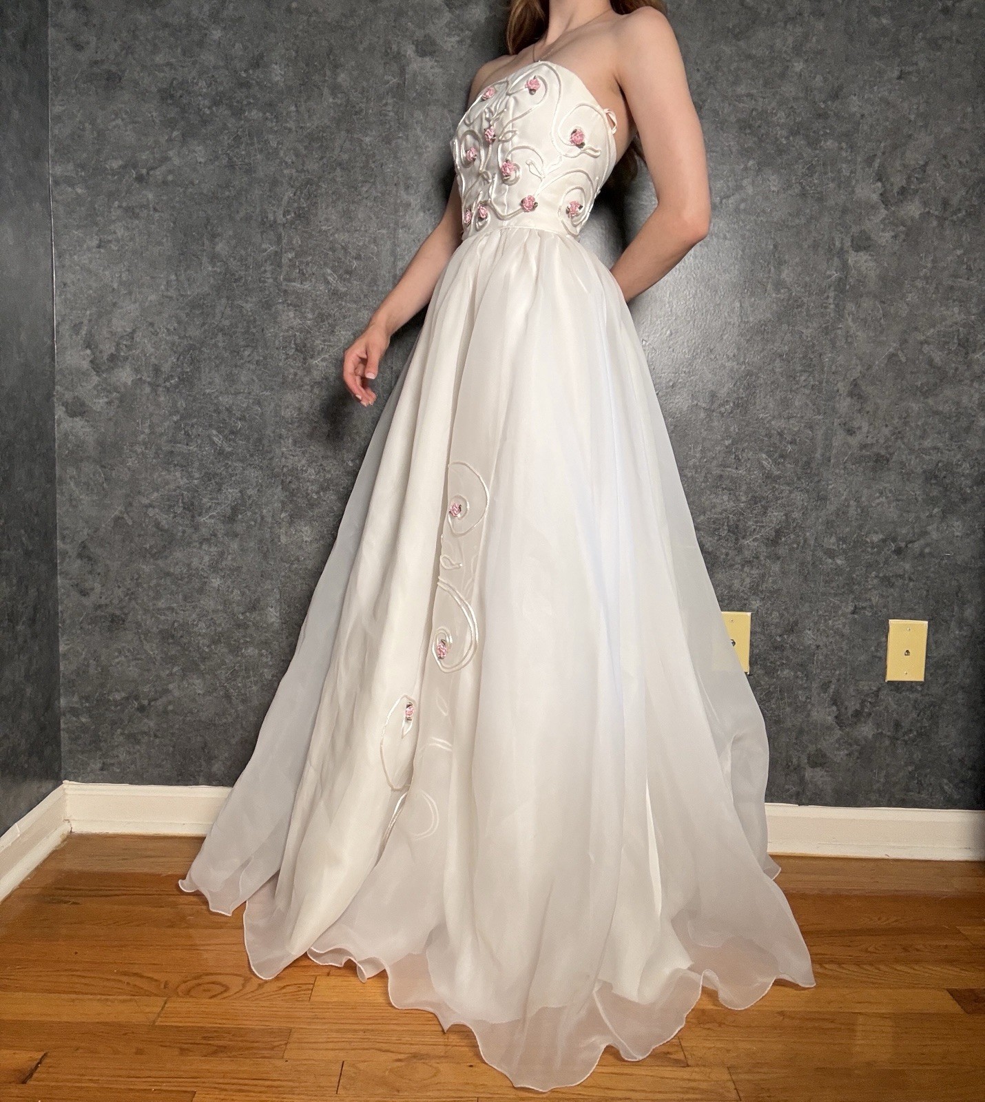 Vintage 1990s Mike Benet Wedding Gown — Fully Restored, Pink Rosebud Detail – 00