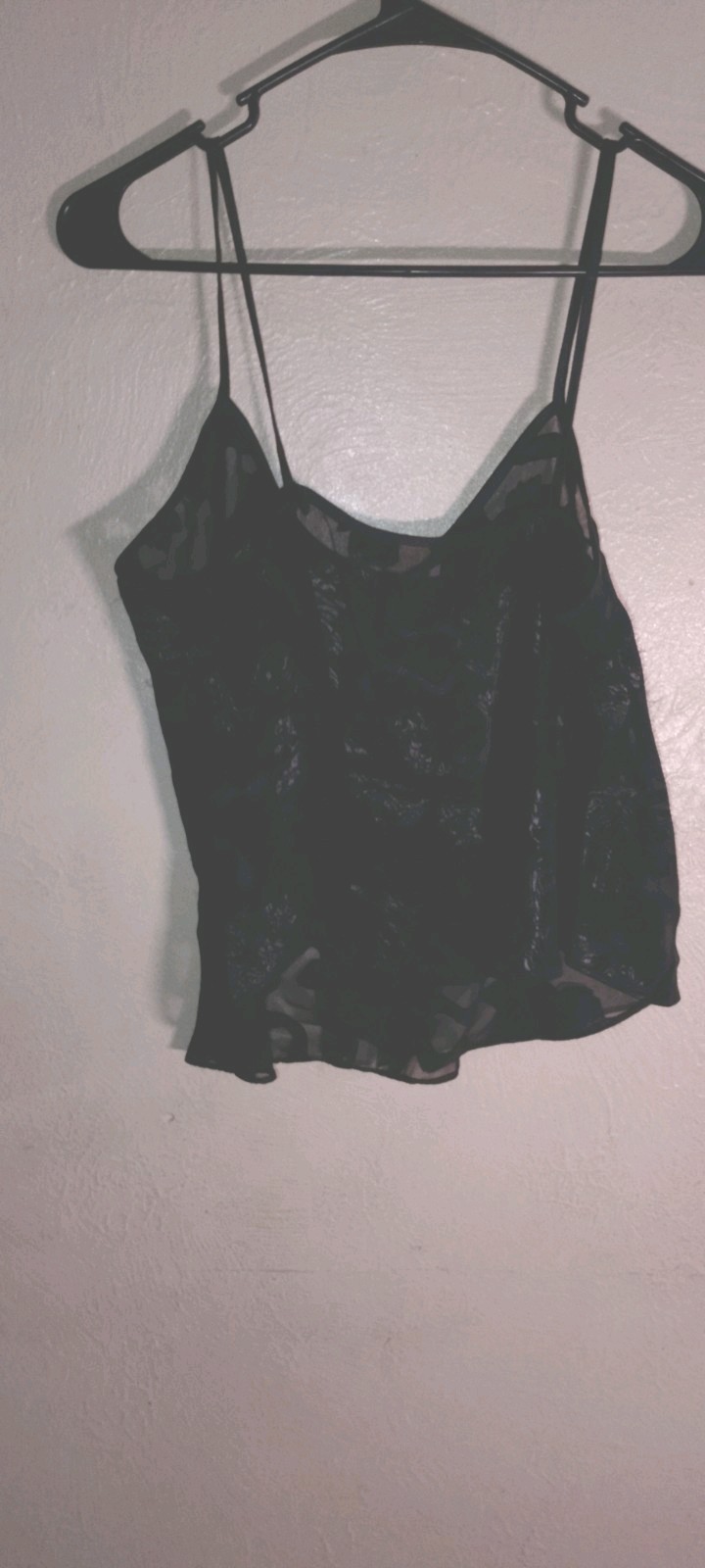 Vtg,90s,LA Intimates, sheer Black Camisole Satin Jacquard Poly/mesh Floral,Lg