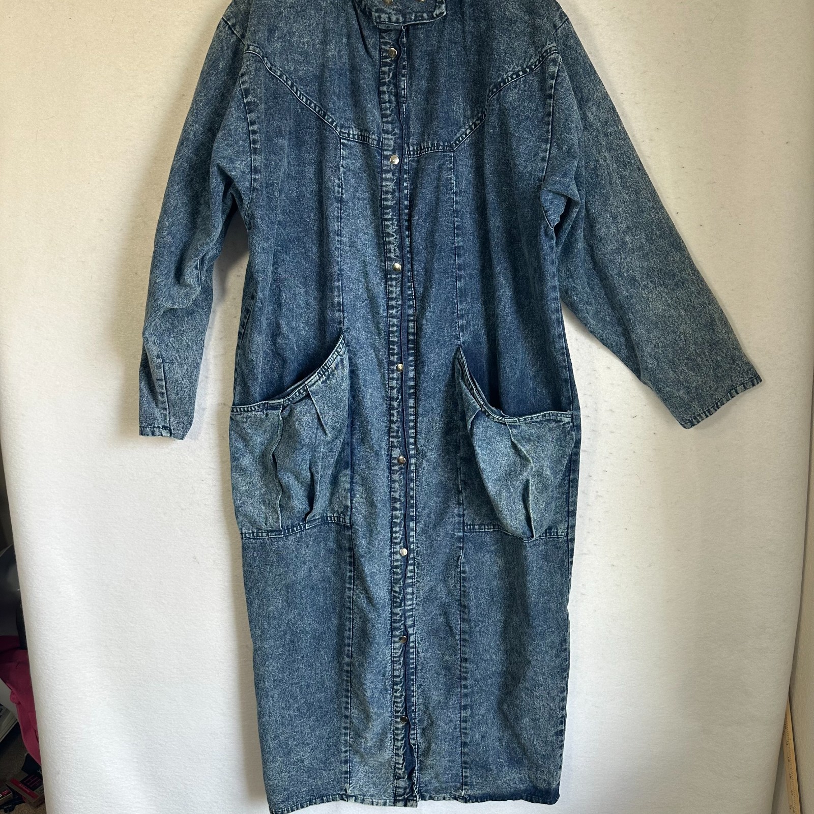 Vintage 80’s 90s Acid Wash Jean denim Trench coat long Western Indy Woman’s M