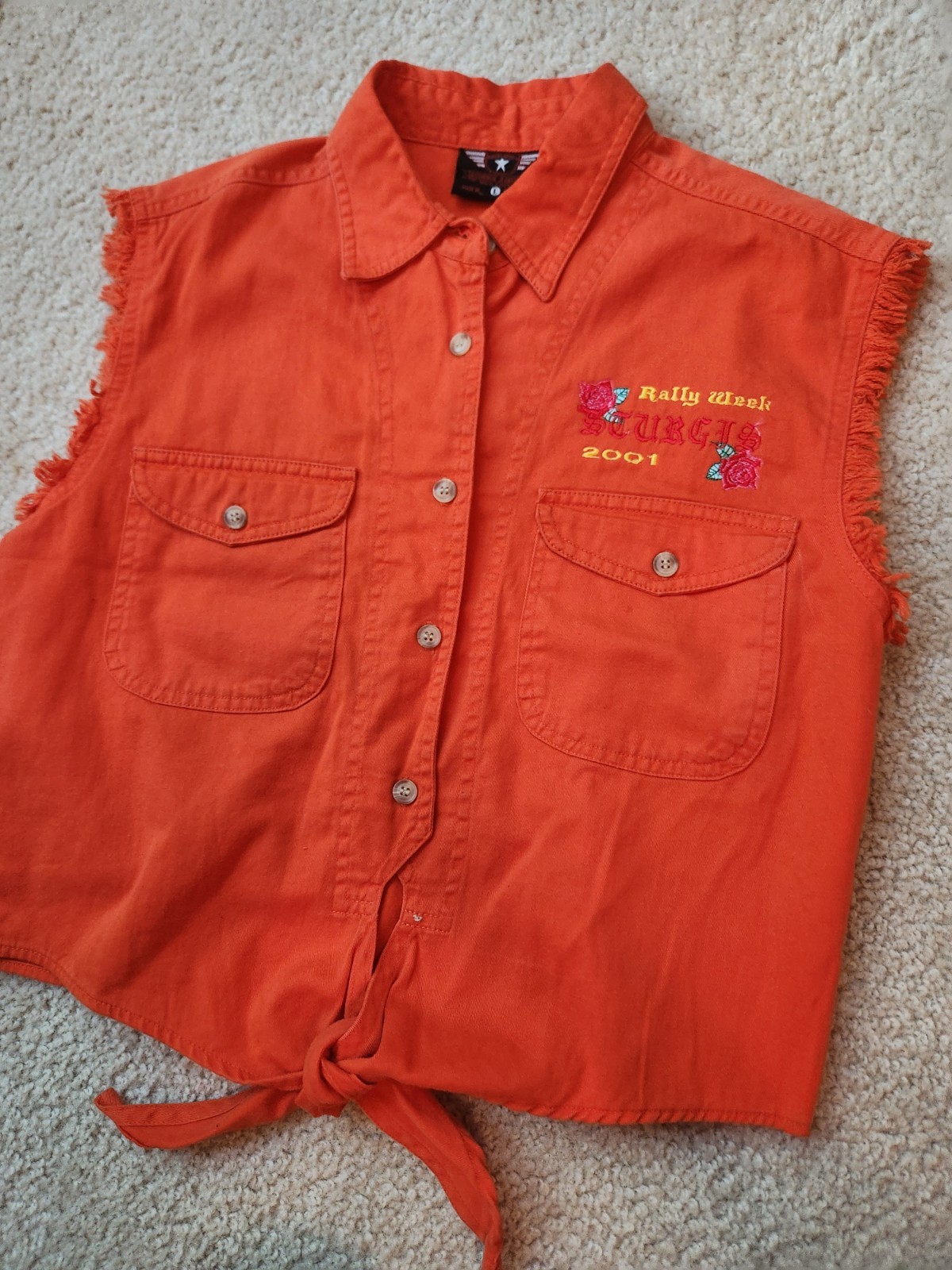 Vtg Sturgis 2001 Biker Rally Sleeveless Frayed Edge Vest Shirt Orange Crop Larg