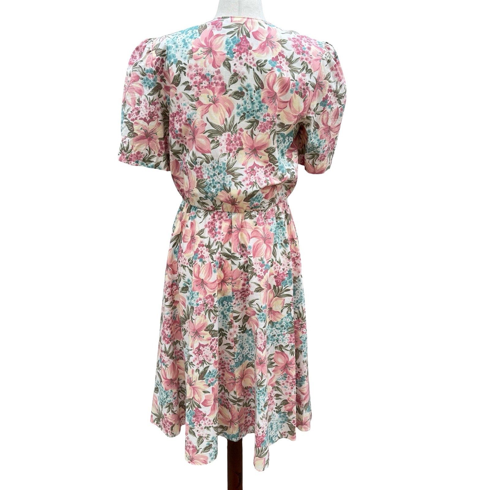 California Looks Vintage 80s Floral Midi Dress Pink Blue Cotton Petite 6P USA