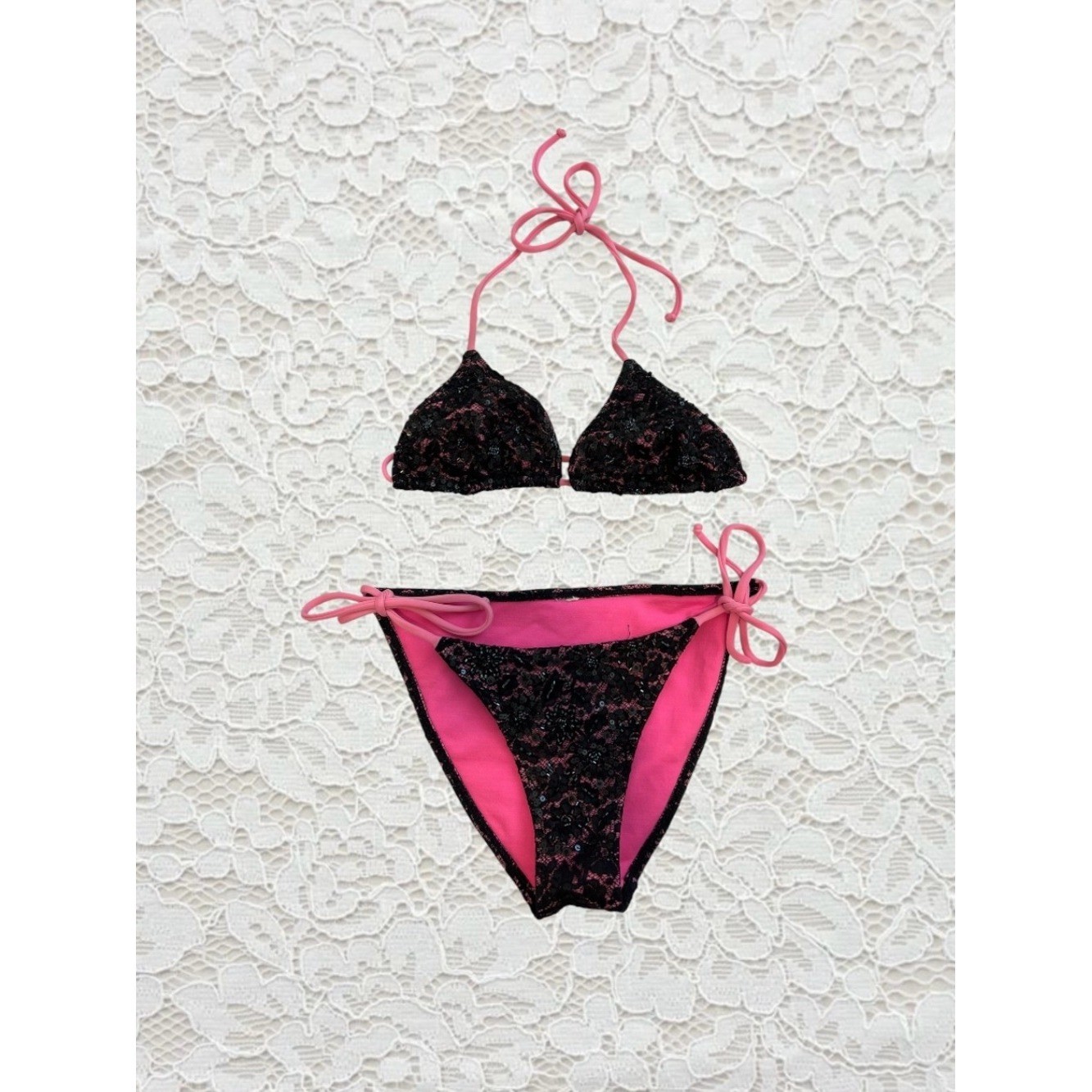 vintage pink & black lace beaded bikini set
