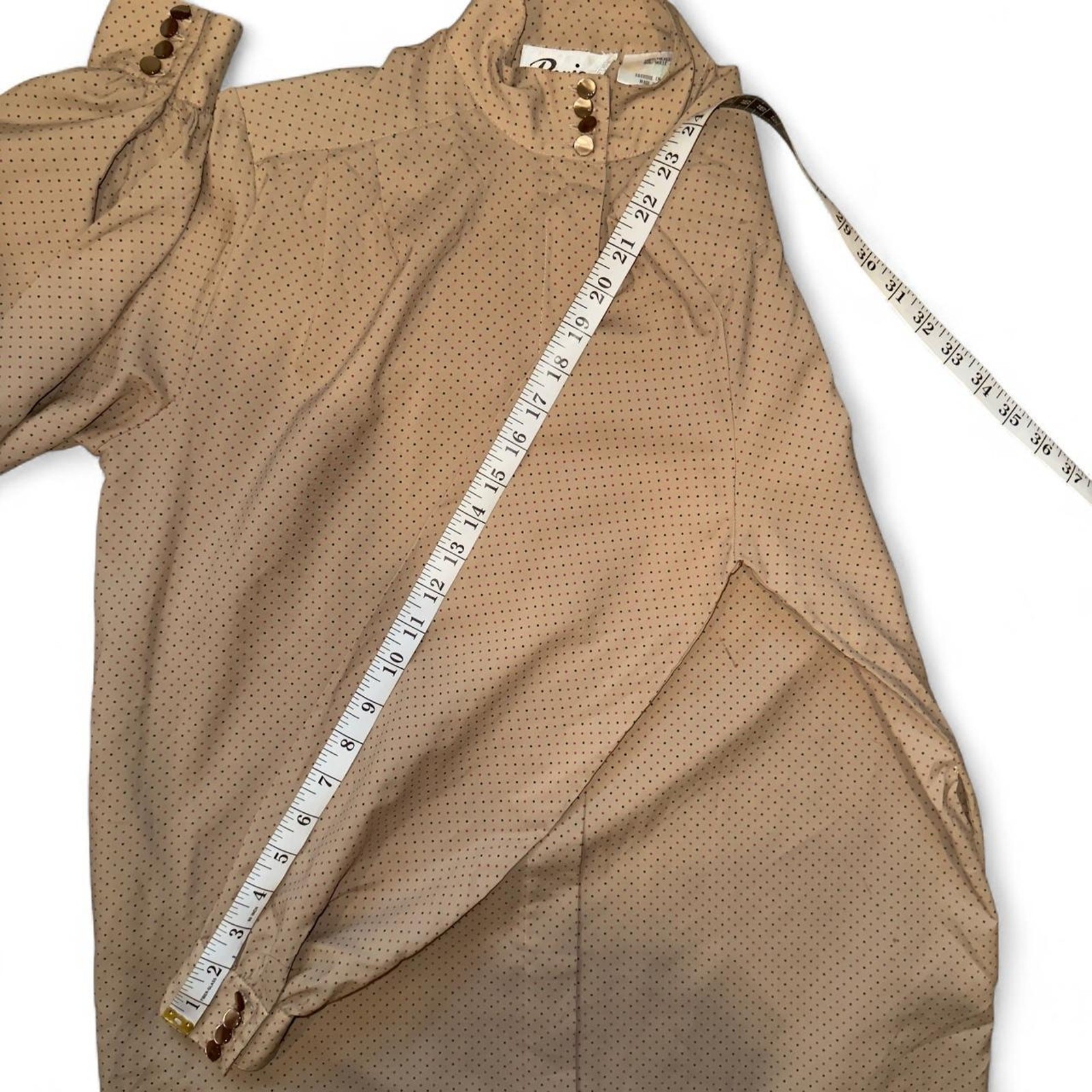 Charming vintage tan, pink & black polka dot button up shirt dress women size 6