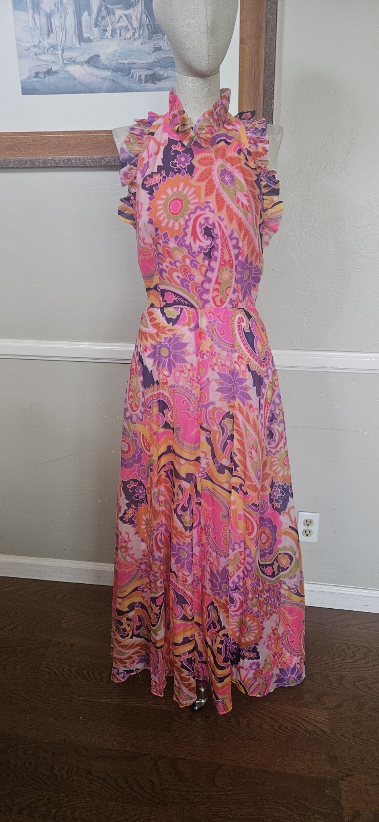 Vintage 1970s 1960s Psychedelic Maxi Halter Dress DEADSTOCK As Pictured