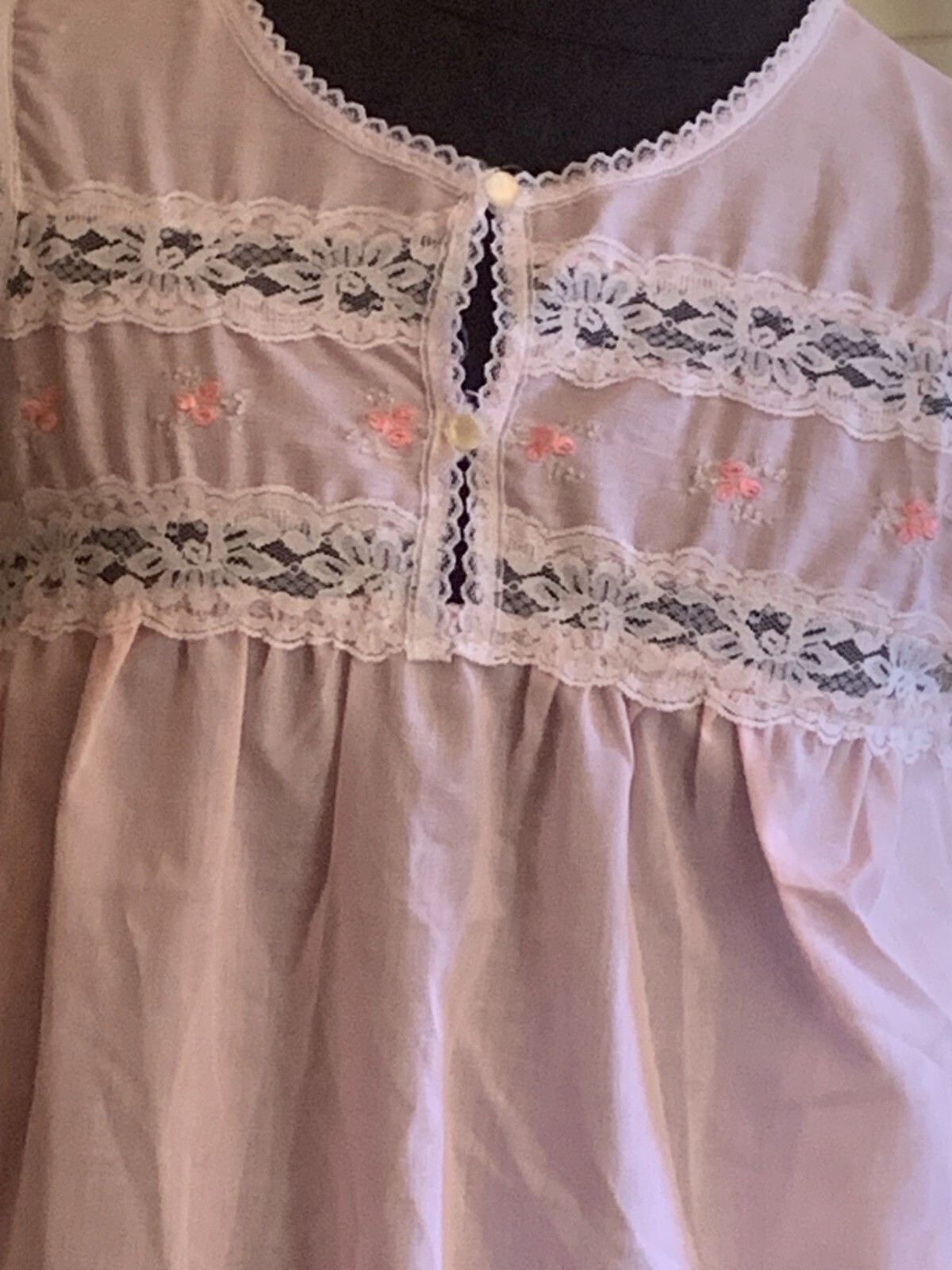 Vtg Pink Nightgown Embroidery Floral Lace Cotton Blend Cottagecore Damea Sz S