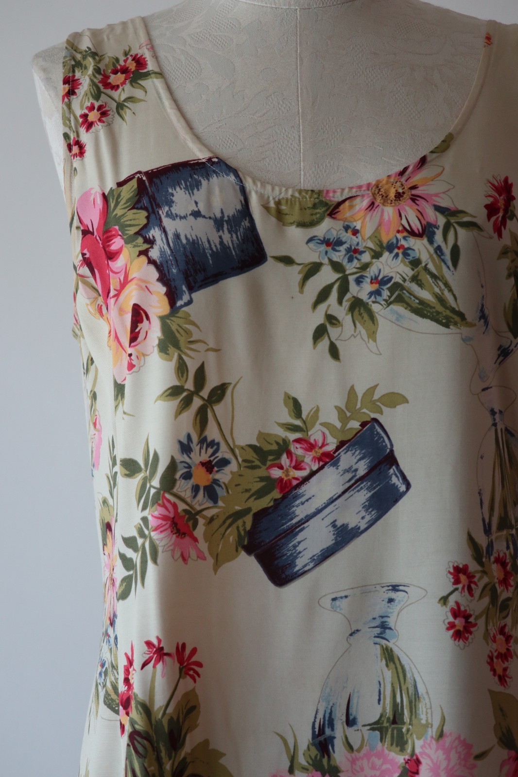 90s Vintage Pastel Garden Plants Pots Sleeveless Long Maxi Sundress Women S M