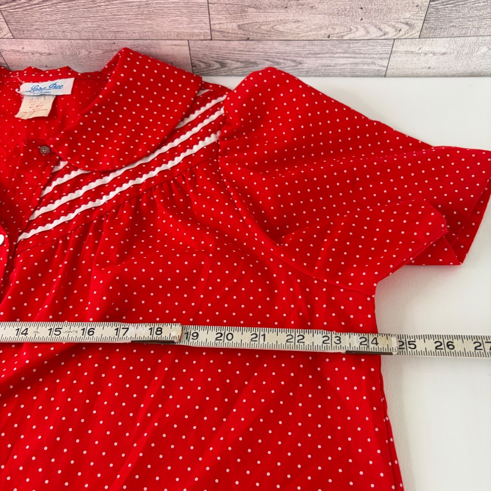 Lara Dee House Dress Womens 38 Red Polka Dot Vintage Button Front Rick Rack Trim