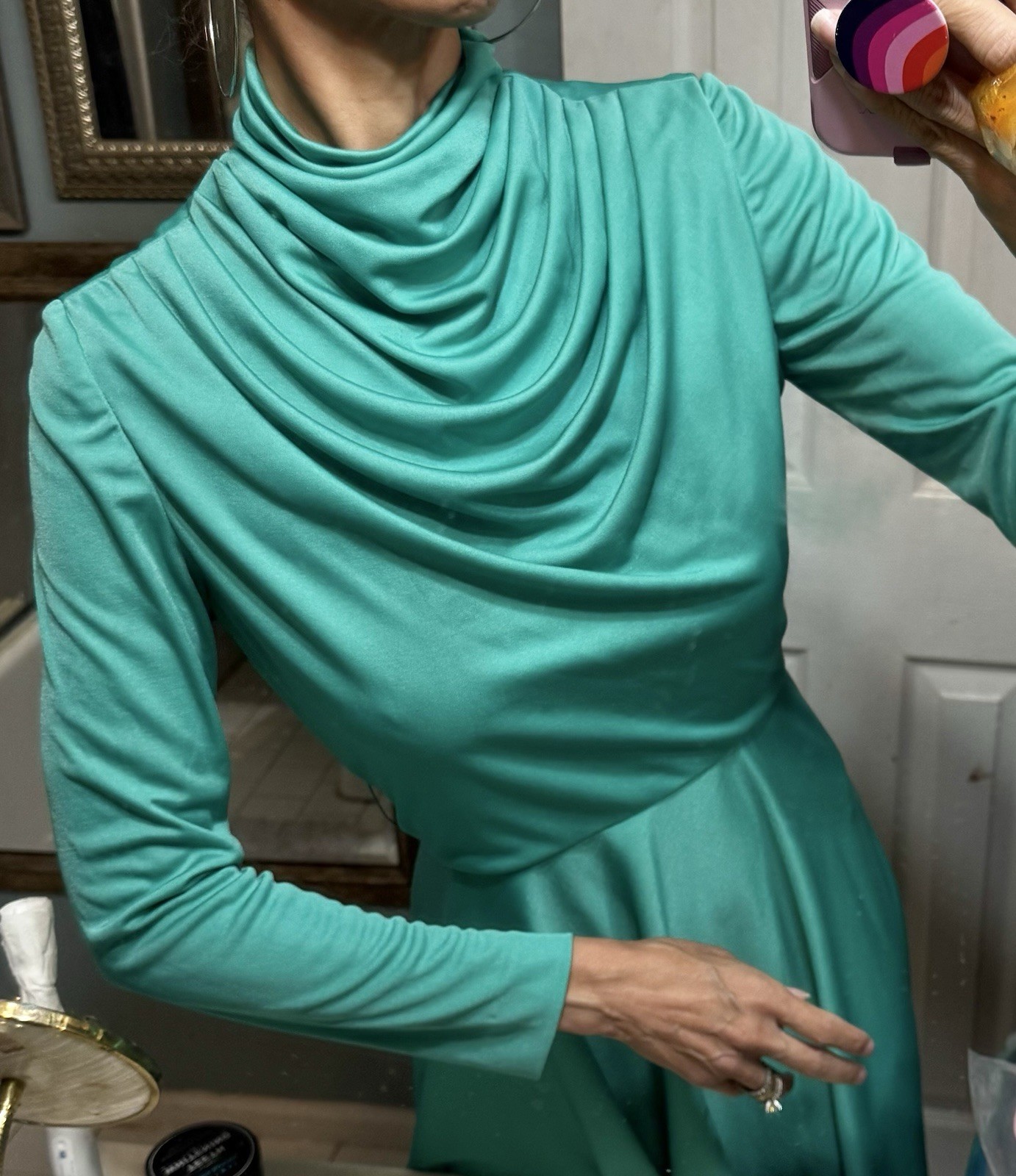 Vtg Lilli Diamond Green Cowl Grecian Draped Jersey Dress 60s Goddess LS XS S