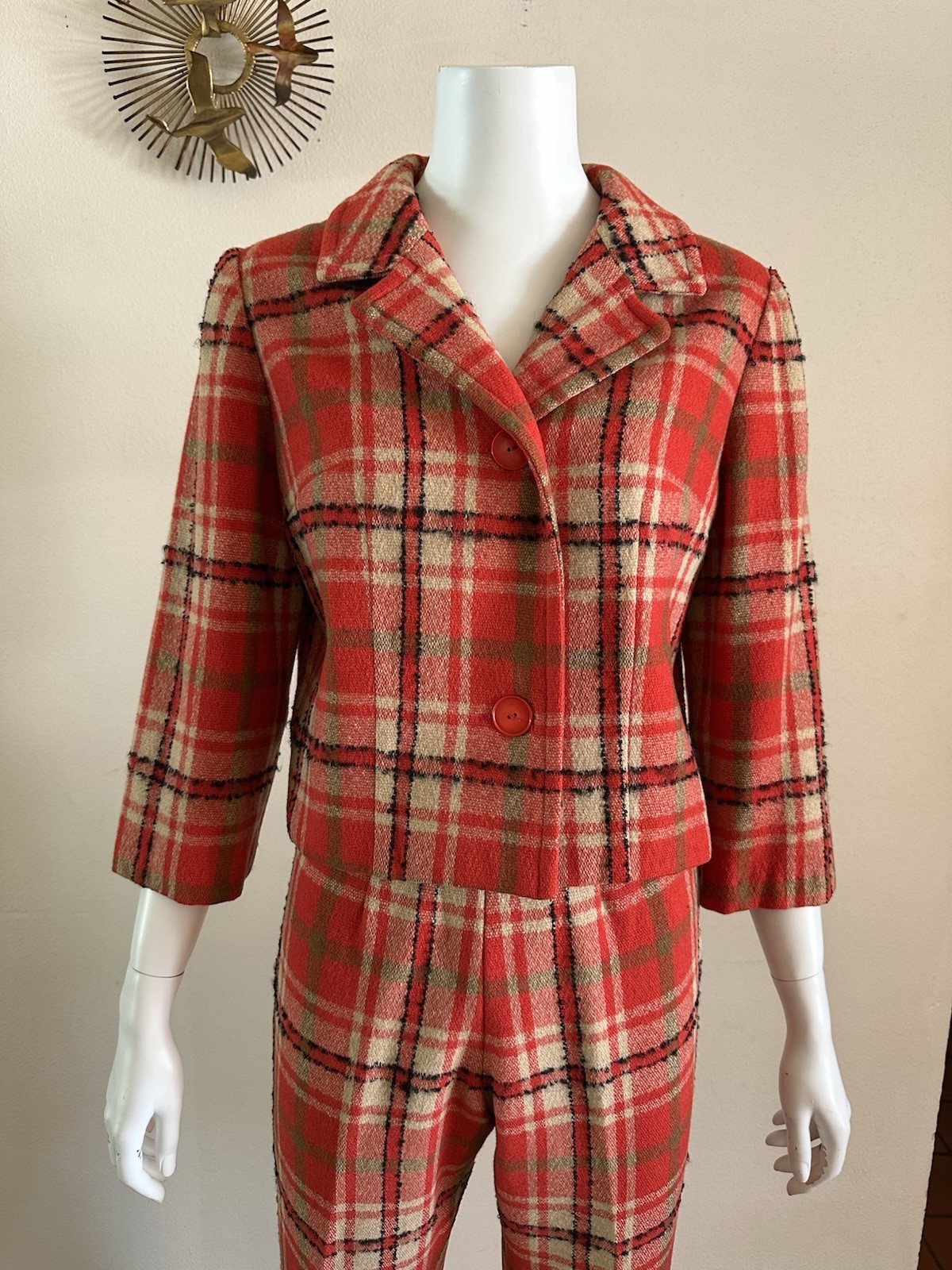 1960s Red Plaid Wool 3-Pc Set Jacket Skirt Pants Handmade Mod Suit Size Zip VTG