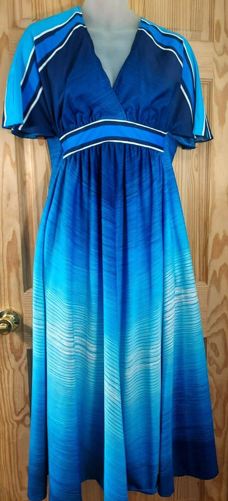 Vintage Georgie Keyloun Maxi Dress Blue Ombre Style V Neck Built in Strap Medium