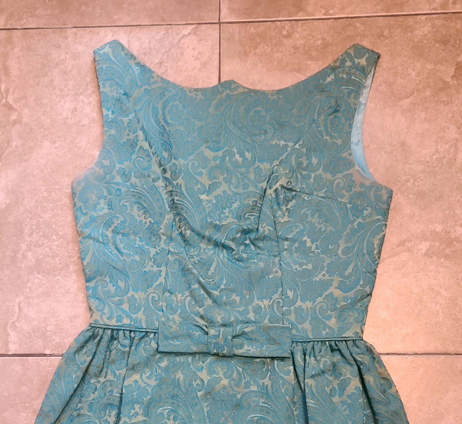 VTG 1960s Turquoise Blue & Gold Brocade Maxi Dress Women’s XS Bow Detail