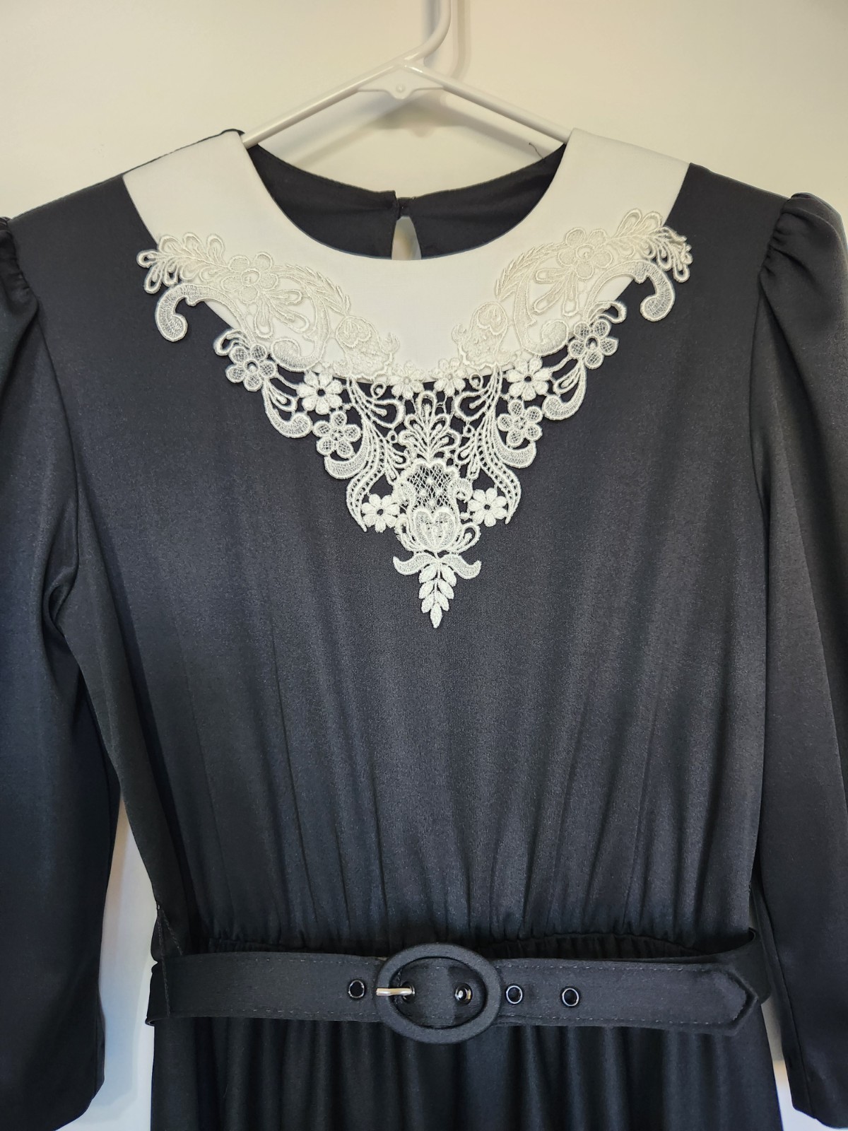 Vtg 80s 40s Whirlaway Frocks Black White Lace Collar Midi Dress Twirl Belted 6 P